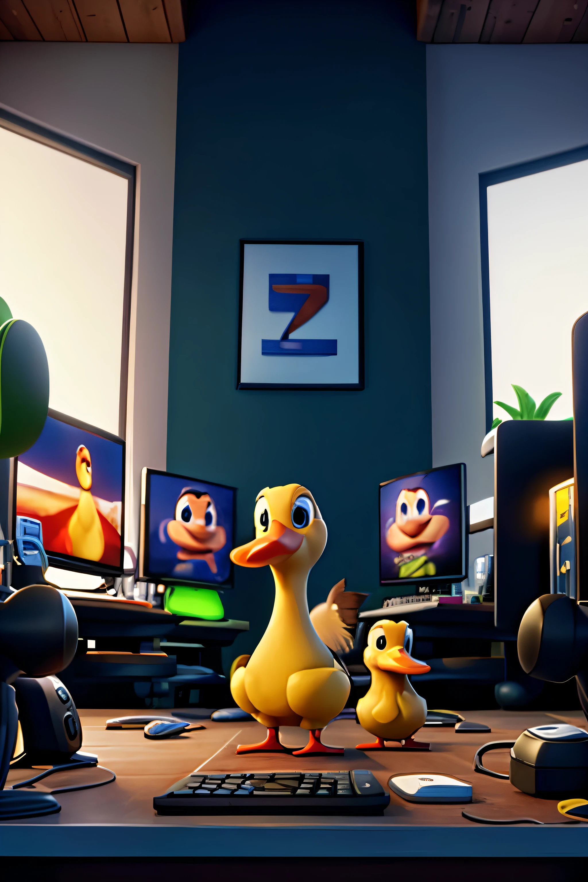 5 patos na frente de um computador jogando videogame, 8k, Ultra HD |, Desenho animado da Disney Pixar, 2.048 x 1.152