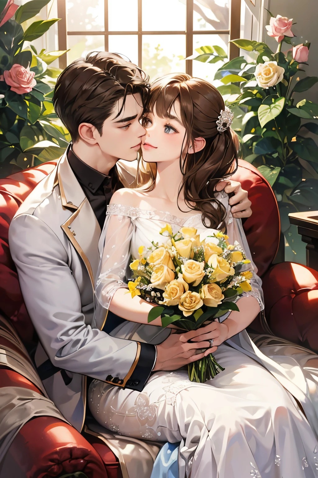 A couple sitting on a couch with flowers in their hands - SeaArt AI