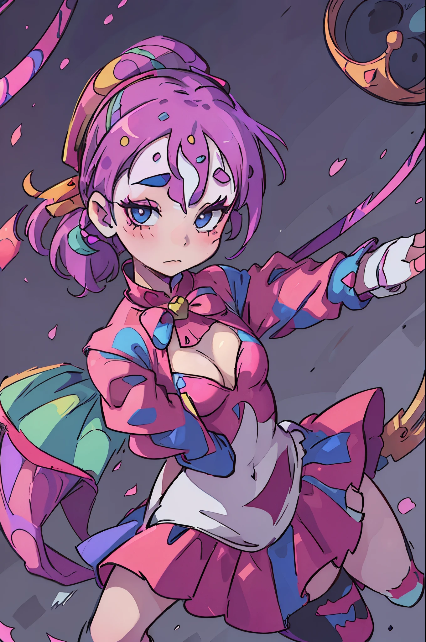 a girl dressed up as a mime but also fuse the jester dress together , something unique using the jester and mime clothing, jester hat harley quinn style, yandere girl, fully body
