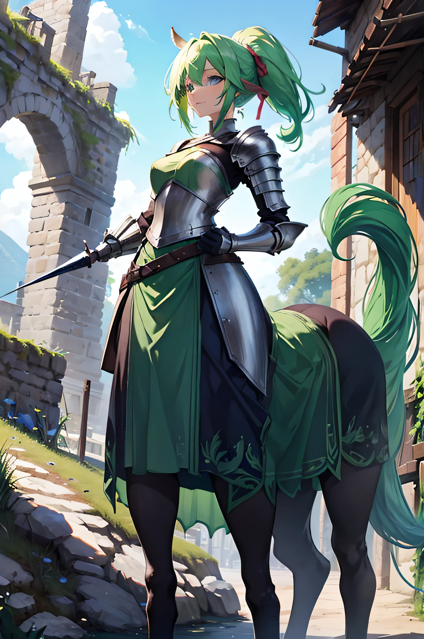 4K,hight resolution,One Woman,Green hair,poneyTail,a centaur,Knights,s Armor,spear,in a castle