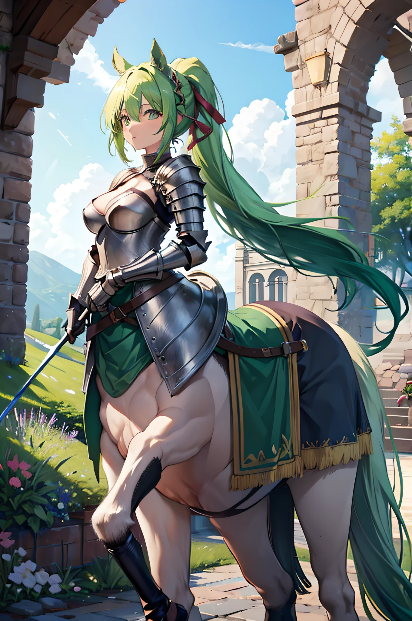 4K,hight resolution,One Woman,Green hair,poneyTail,a centaur,Knights,s Armor,spear,in a castle