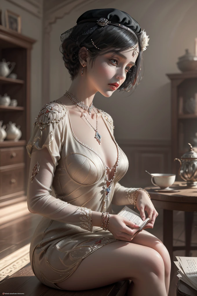 (Masterpiece - Ultra-Detailed, High Resolution) Prepare to be enchanted by a true masterpiece that combines ultra-detailed art with high-resolution rendering. This work shows a mesmerizing woman, short hair, 1920s style, wearing a beret, carrying a gun, a firearm (1.3) and captivating brown eyes (1.2), pointed blinders style, wearing red lipstick, emanating an aura of elegance and mystery . Wearing classic 1920s clothing Intricate details and realistic textures invite you to explore every aspect of this enchanting composition. Get ready to dive into a world where beauty and craftsmanship merge perfectly.