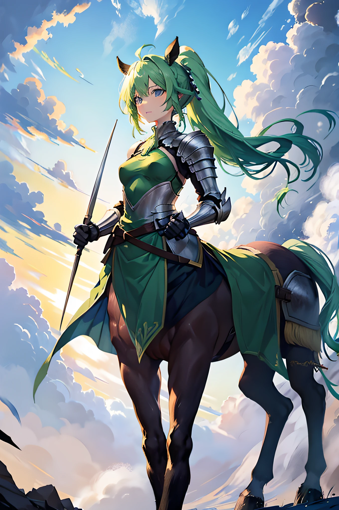4K,hight resolution,One Woman,Green hair,poneyTail,a centaur,Knights,s Armor,spear,in a castle