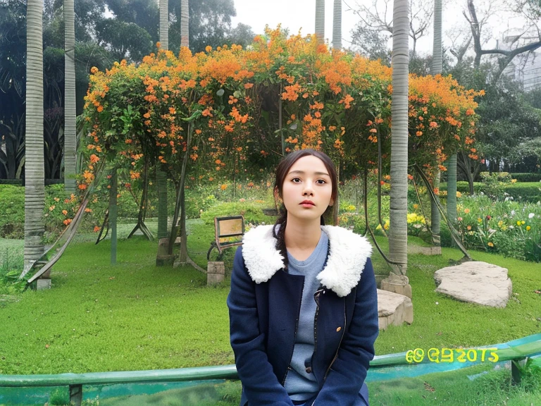 There  a woman sitting on a park bench, standing in a botanical garden, The ancient garden behind her, on the garden, li zixin, There  a park behind, jinyiwei, xintong chen, standing in flower field, pengzhen zhang, qiu fang, song nan li, Set in the park, Lei Min