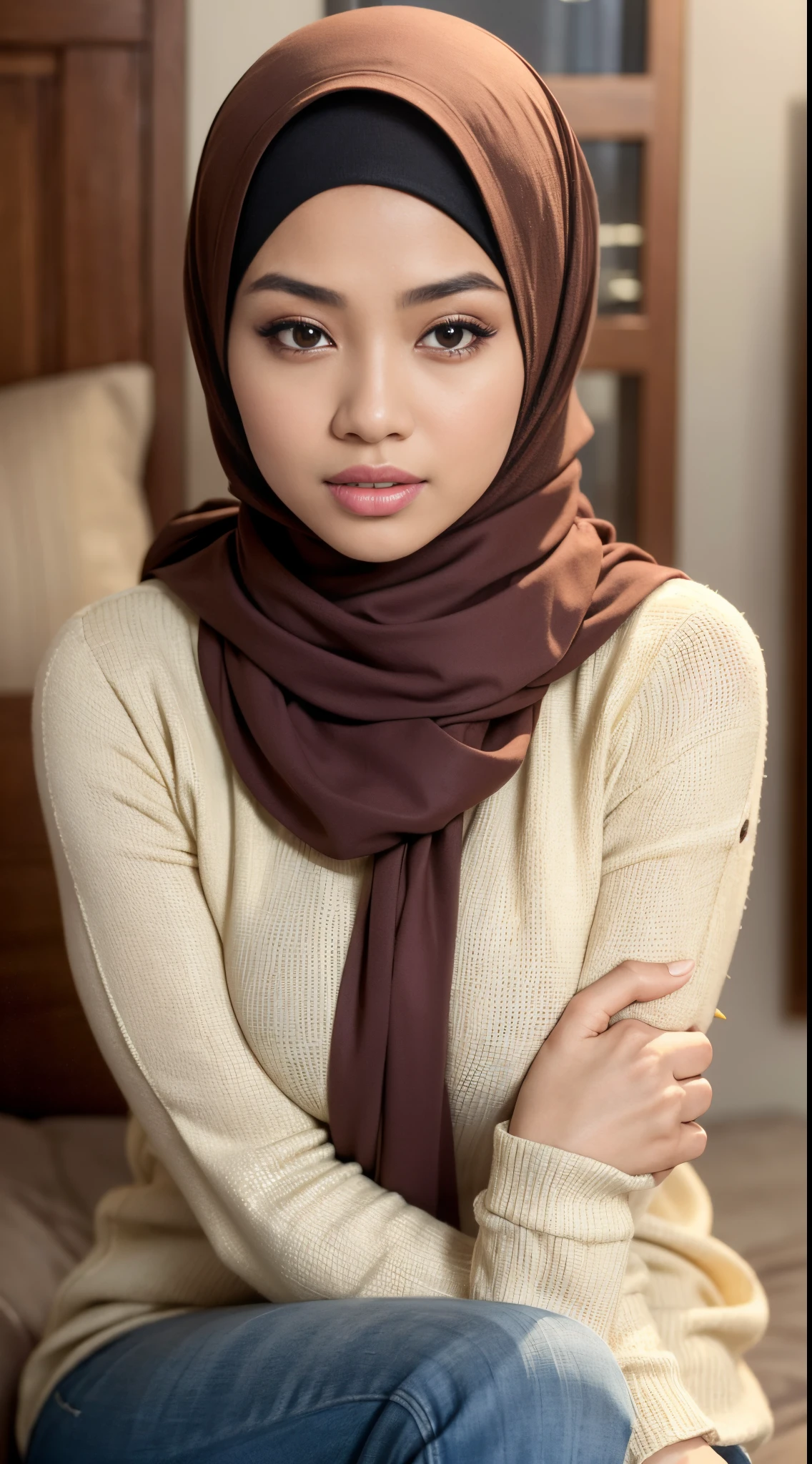 RAW, Best quality, high resolution, Masterpiece: 1.3), Beautiful Malay woman in hijab,Masterpiece, best quality,8k, brown eyes, perfect eyes,perfect body, ((Huge breasts)),(close up) ,woman in a hijab poses for a picture, hijab, lovely woman, white hijab, Beutifull girl, casual pose, attractive girl, malay, background  heavenly, an asian woman, wearing casual clothes, with lovely look, malay girl, beautiful image, beautiful woman, attractive pose, beautiful girl