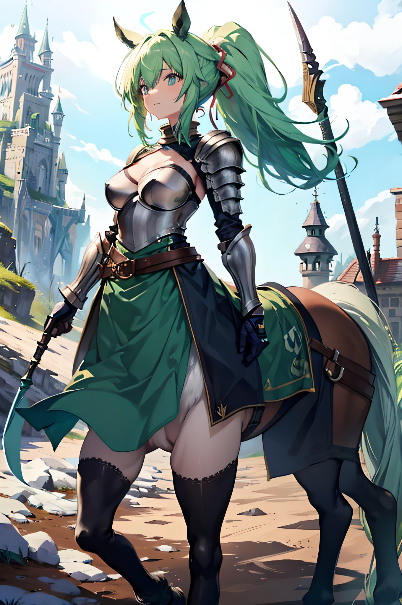 4K,hight resolution,One Woman,Green hair,poneyTail,a centaur,Knights,s Armor,spear,in a castle