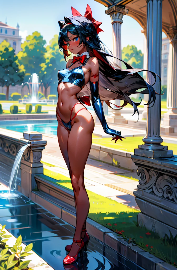 1girl, li, long hair, (parted bangs:1), roman garden, artificial fountain, outdoors, full body, erect nipple, red bow tie, (curvy hips:1.2), red camisole, blue eyes, (dark skin:1), (shiny skin:1), (slim waist:1.3), bare hips, standing, white gloves, elbow gloves, landscape shot