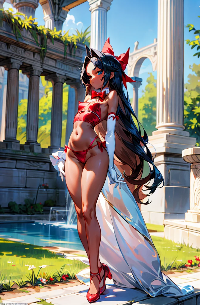 1girl, , flat chest, long hair, (parted bangs:1), roman garden, artificial fountain, outdoors, full body, erect nipple, red bow tie, (curvy hips:1.2), red camisole, blue eyes, (dark skin:1), (shiny skin:1), (slim waist:1.3), bare hips, standing, white gloves, elbow gloves, landscape shot