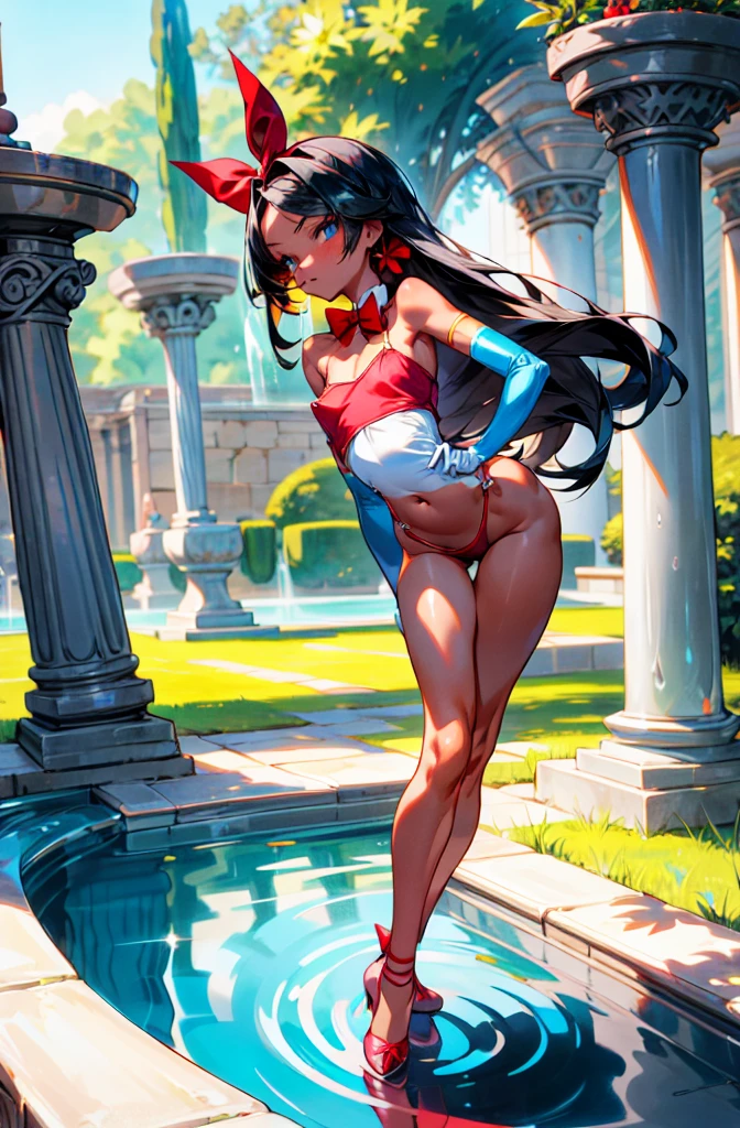 1girl, , flat chest, long hair, (parted bangs:1), roman garden, artificial fountain, outdoors, full body, erect nipple, red bow tie, (curvy hips:1.2), red camisole, blue eyes, (dark skin:1), (shiny skin:1), (slim waist:1.3), bare hips, standing, white gloves, elbow gloves, landscape shot