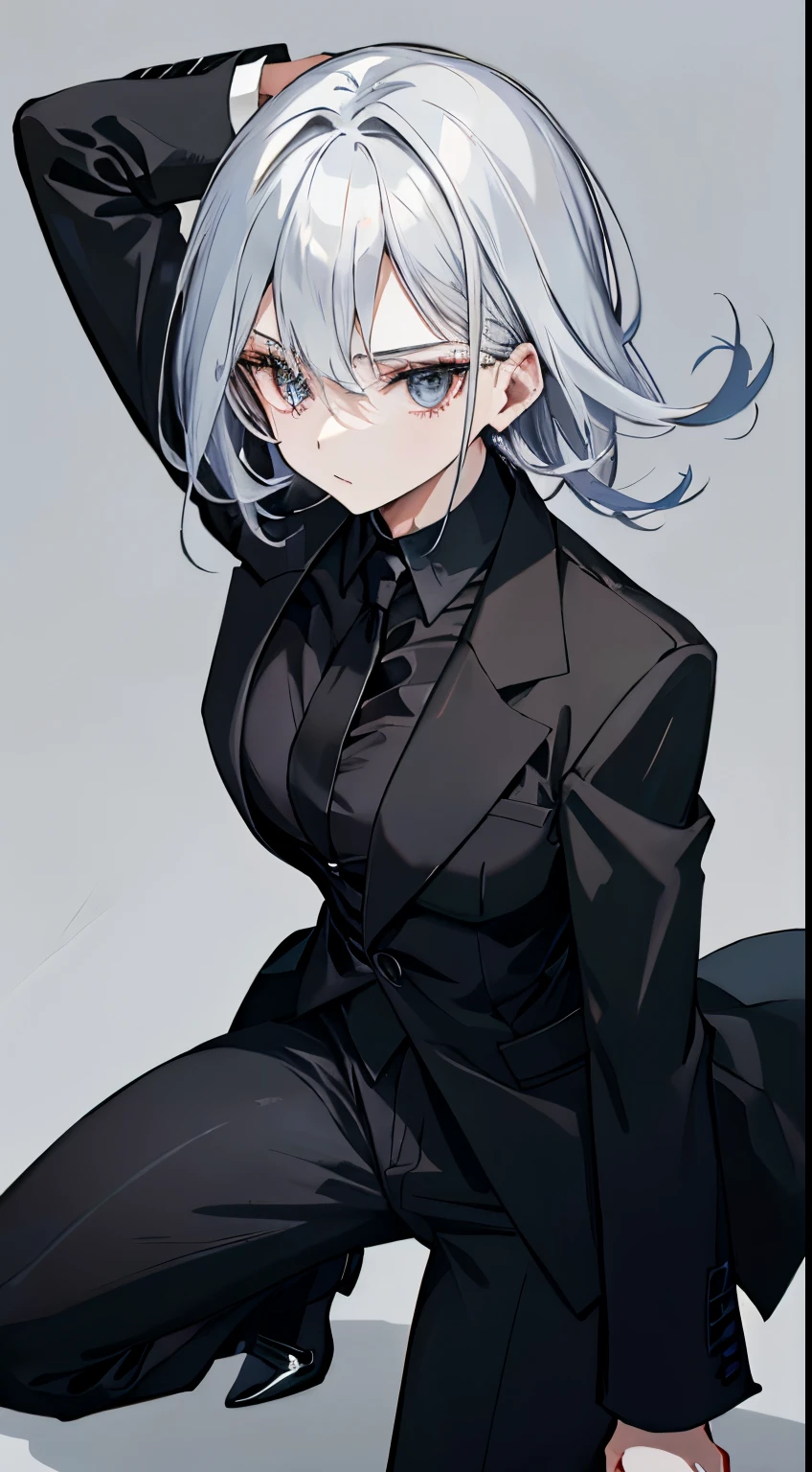 black business suit. black pants. black shirt. black tie. blue eyes. White short bob. Gray hair. Her hair color is white. Gray hair. Girl. human. One person. One girl. A martial art that controls the universe. martial arts stance. Fight.