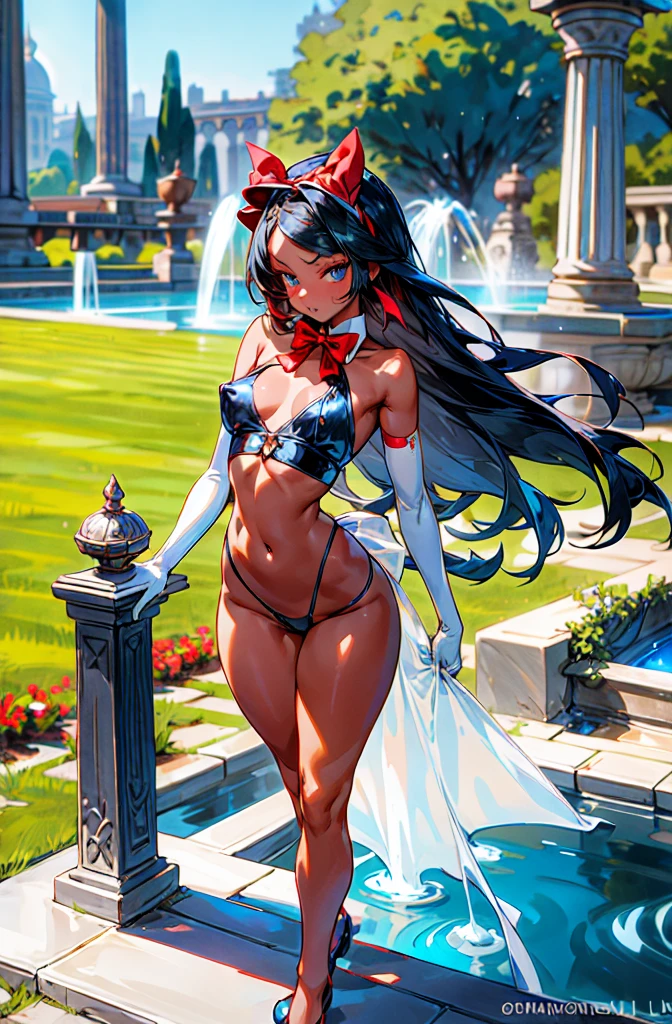 1girl, li, long hair, (parted bangs:1), roman garden, artificial fountain, outdoors, full body, erect nipple, red bow tie, (curvy hips:1.2), red camisole, blue eyes, (dark skin:1), (shiny skin:1), (slim waist:1.3), bare hips, standing, white gloves, elbow gloves, landscape shot