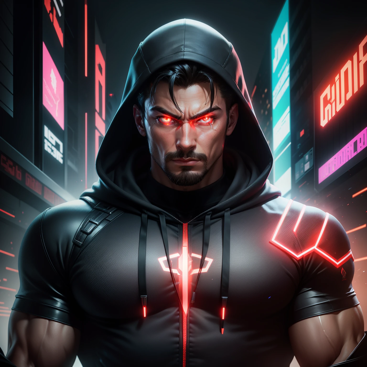 Create a digital artwork of a powerful Super Coder Man, a 3D vector of a muscular guy in a hoodie, surrounded by code and a glowing red aura. The artwork should be highly detailed, realistic, and set against a cyberpunk backdrop of neon brilliance. The lighting should be soft and natural, with a focus on perfect composition and beautiful details. The artwork should be trending on ArtStation and feature a photorealistic concept art style.