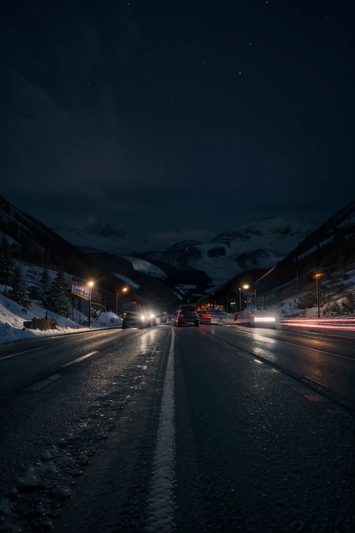 middle of huge mountain with visible road, cars in the background, night, snow, high resolution, hyper realism, cinematic, 1280x720, 8k