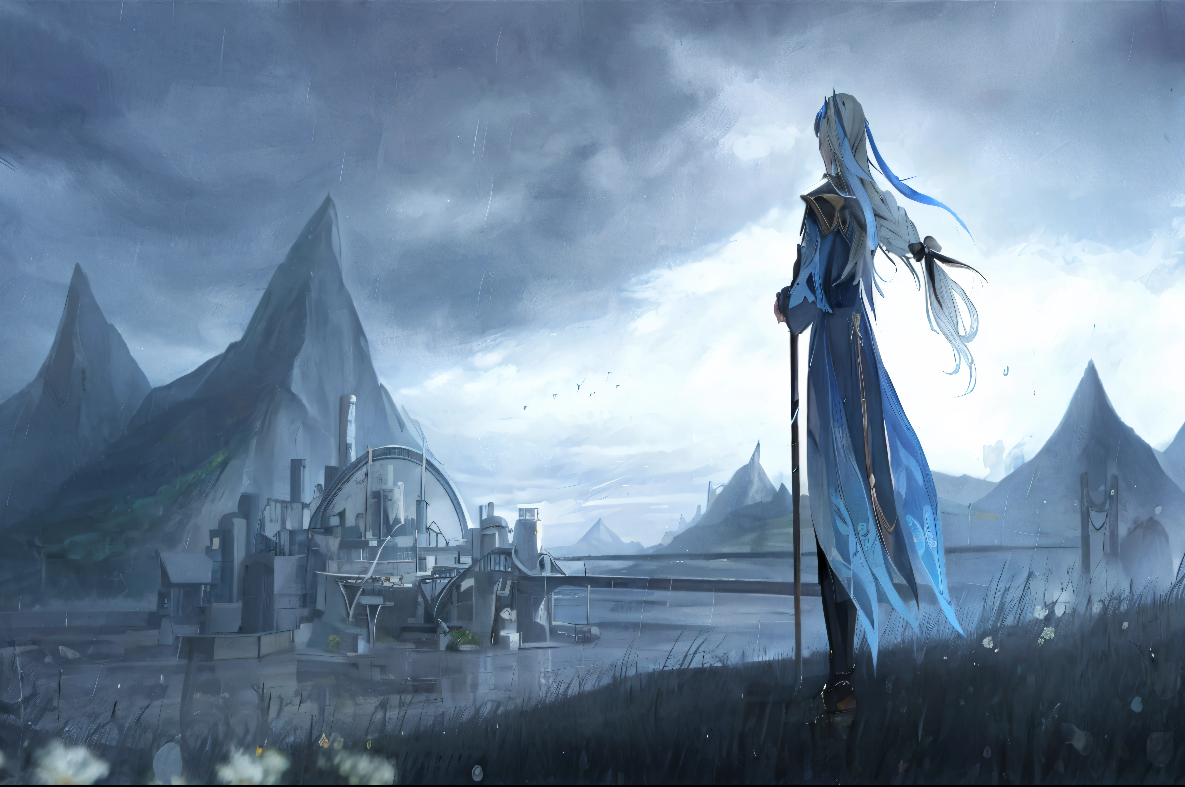 cena de anime de uma mulher com um vestido longo azul parada em um campo, dramatic concept art, Final Fantasy Conceito de Arte, magical fantasy 2 d concept art, final fantasy fan art, 2. 5 d cgi anime fantasia arte, epic fantasy concept art, Final Fantasy VLL World Conceito, arte conceitual de alta fantasia, arte de fantasia digital 2d, pintura conceito de fantasia, arte conceitual de fantasia