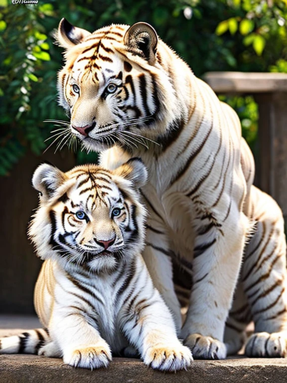 White tiger with animated little cub