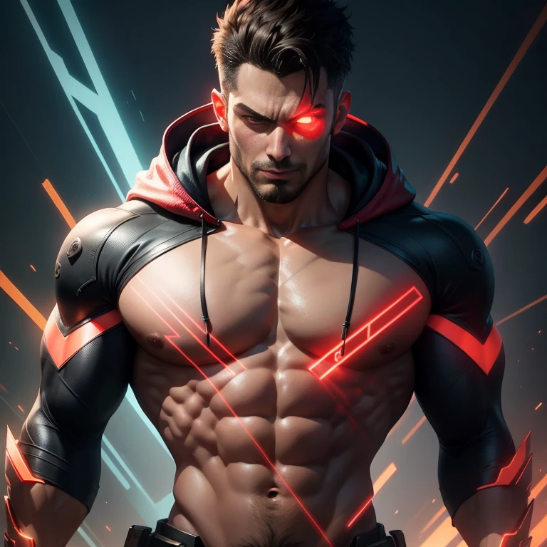 Create a digital artwork of a powerful Super Coder Man, a 3D vector of a muscular guy in a hoodie, surrounded by code and a glowing red aura, red eyes. The artwork should be highly detailed, realistic, and set against a cyberpunk backdrop of neon brilliance. The lighting should be soft and natural, with a focus on perfect composition and beautiful details. The artwork should be trending on ArtStation and feature a photorealistic concept art style.