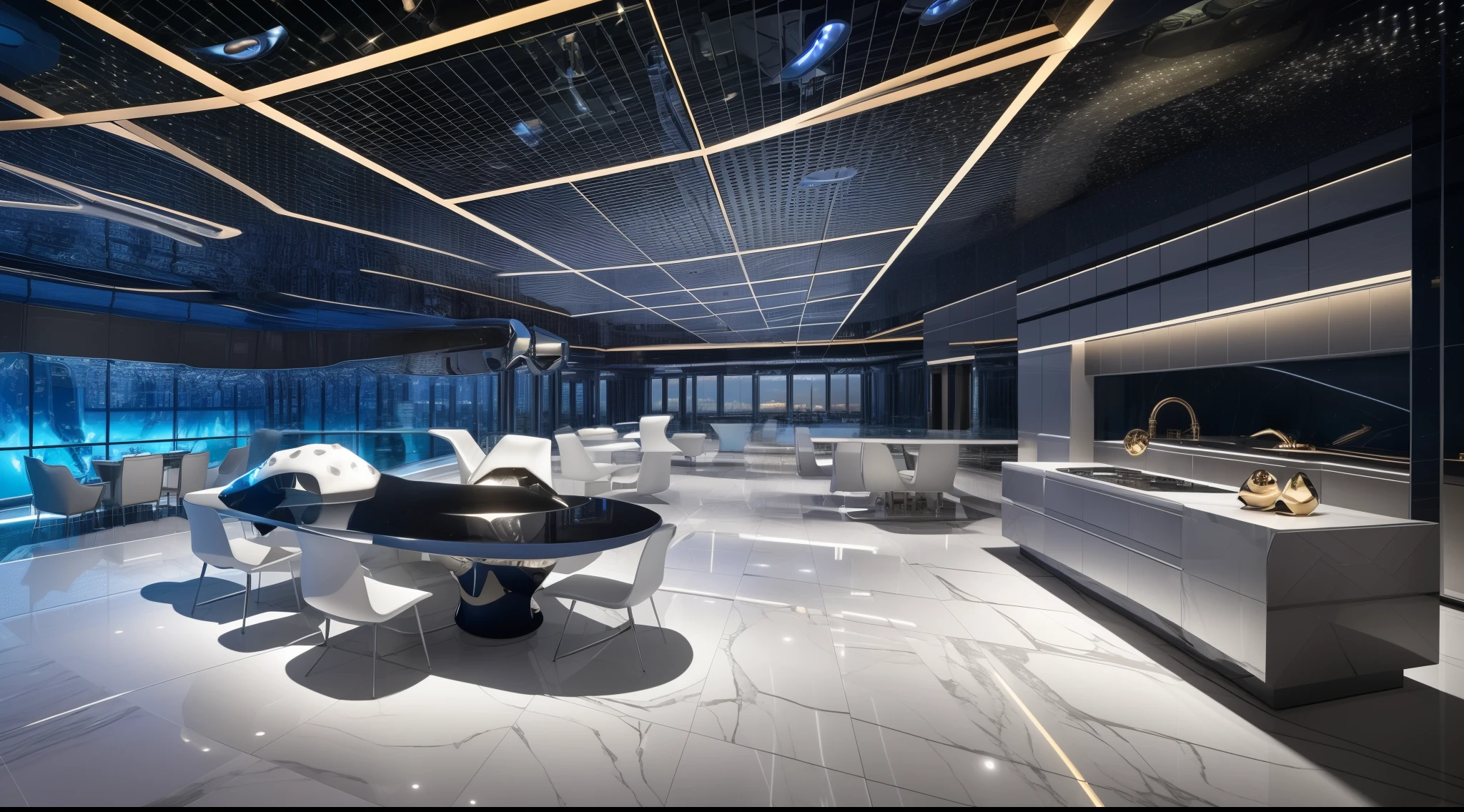 PERFECT MASTERPIECE, EXTREMELY DETAILED CG UNITY 32K UHD QUALITY RESOLUTION, RAW PHOTO, AWARD-WINNING PORTRAIT, OFFICIAL ART, PHOTOREALISTIC, PHOTOGENIC CLARITY, An extremely detailed hyper futuristic hotel room, the most luxurious futuristic hotel room, futuristic kitchen, futuristic furniture, futuristic bed, futuristic holographic LED lighting