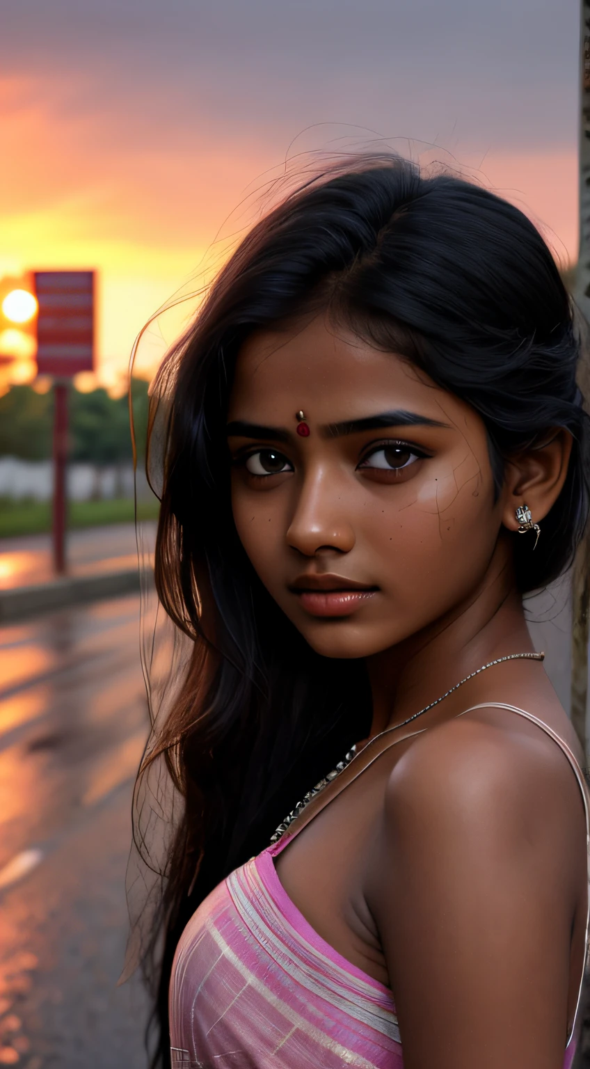 young Indian girl, dark complexion, 18-year-old, ugly slum background, ,village background , sunset, realistic skin , ultra hd photo, girl sad and looking up raining, sad cinematic pose , full body picture, pose flawless complexion, top-notch 3D rendering, hyper-realistic, shot on Indian road. photorealistic digital art trending on Artstation 8k HD high definition detailed realistic, detailed, soft skin texture, hyper detailed, realistic clear skin high resolution, detailed, raw photo, 400 camera f1.6 lens rich colors hyper realistic lifelike texture