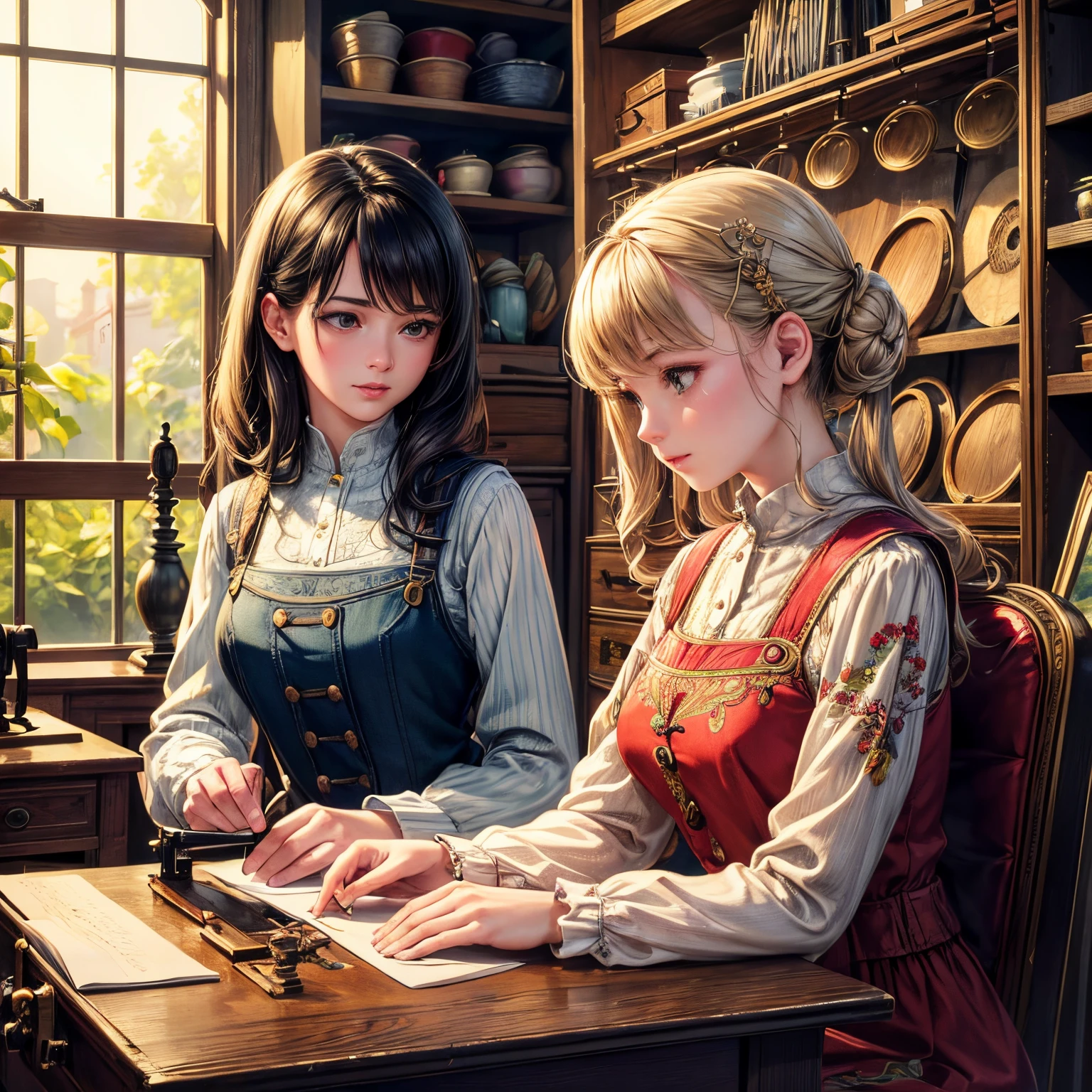 (best quality,4k,8k,highres,masterpiece:1.2),ultra-detailed,(realistic,photorealistic,photo-realistic:1.37), HDR, UHD, studio lighting, ultra-fine painting, sharp focus, physically-based rendering, extreme detail description, professional, vivid colors, bokeh, girl, detailed eyes, detailed lips, extremely detailed eyes and face, long eyelashes, tailor's shop, beautiful fabrics, antique sewing machine, colorful threads, embroidered patterns, measuring tape, fine craftsmanship, sewing tools, vintage patterns, nostalgic atmosphere, wooden shelves, mannequins, pins and needles, cozy and well-lit space, warm sunlight, soft shadows, serene expression, traditional dressmaking, elegant pose, peaceful ambiance.