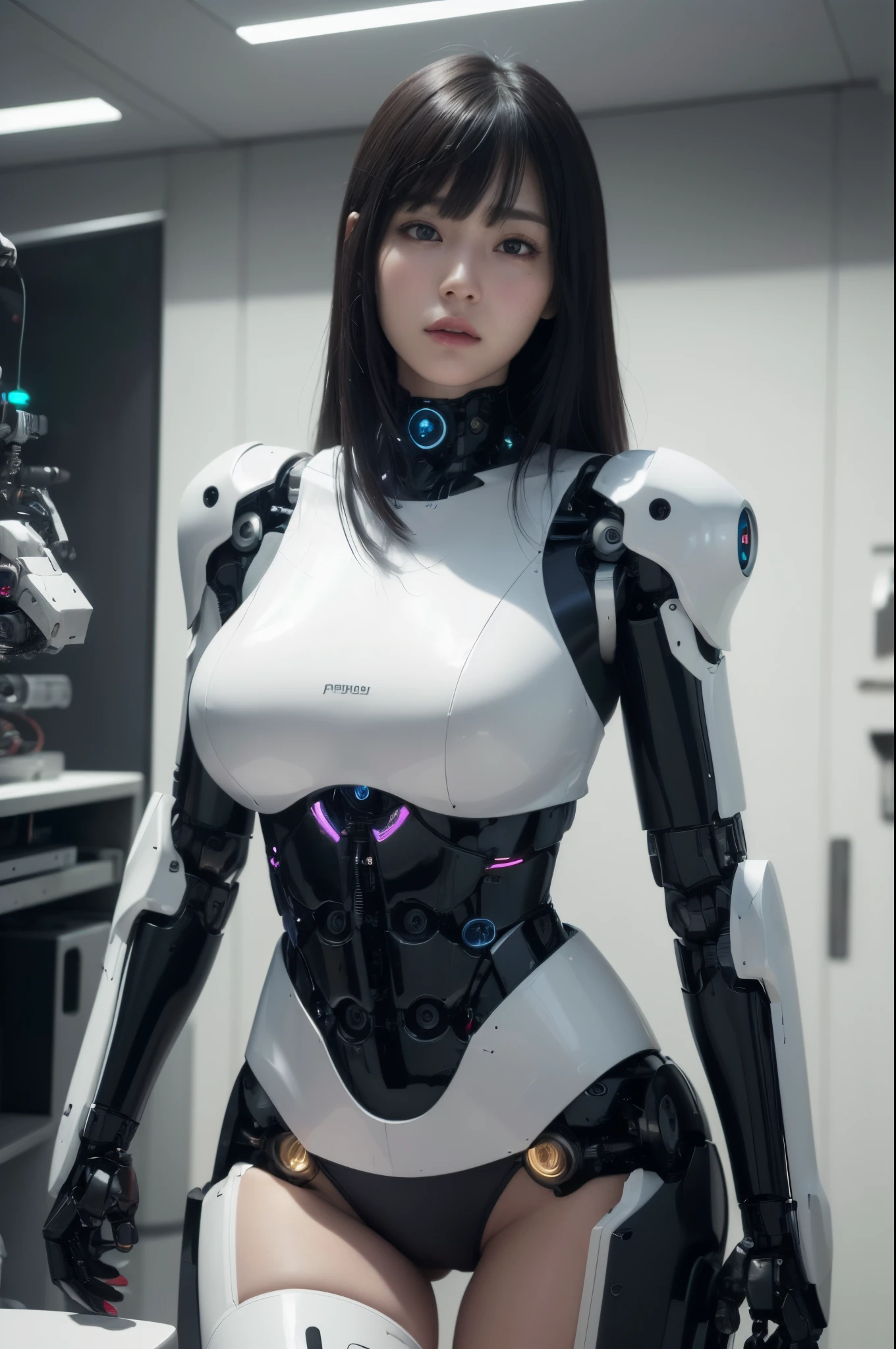 (photorealistic:1.4), (RAW photo)masutepiece, Best Quality, Extremely detailed, (Photorealistic:1.4), (8K, 4K, Best Quality, hight resolution, 超A high resolution:1.1), 8K portrait,1woman in, Japaese android woman,Plump , announcer,control panels,android,Droid,Mechanical Hand, ,Robot arms and legs, Black hair,Mechanical body,Blunt bangs,White Robotics Parts,perfect robot woman,Charging spot,Long Tube,A thick cable was connected to her neck,ceramic body ,Mechanical body, mechanical ear covers,android,robot humanoid,a bit chubby,panty,full eyes,She is exhibits,perfect mechanical body,white robotics body,future laboratory,mechanical ear cover,