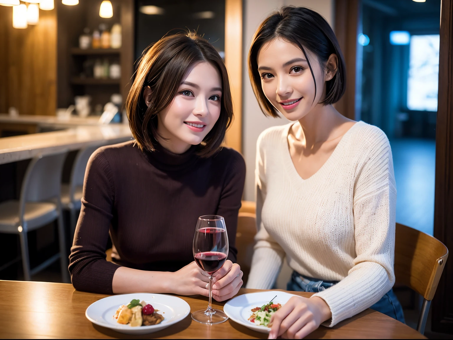 (64k uhd、nffsw、top-quality、​masterpiece:1.2)、(realisitic、Photorealsitic:1.37)、ultra-detailliert、wine glasses、enjoying a glass of wine、a matural female、Two beautiful women、(Slim Faces)、(Slim body)、（brawn hair）、(short-cut)、smiling french woman、happy italian girl、British woman、Americana、blush a little on the cheeks、(38 years)、42 year old、red wine、A beautiful and detailed night view spreads out outside the window...、resturant、Wine glasses in a prominent place、natta、(from waist up)、sitting on、date、(A smile:1.15)、Beautiful detailed eyes、Cashmere sweater、long-sleeved dresses、japanes、(short-hair:1.2)、Float NovaFrogStyle、、modeled、from waist up、white wine、Slimed、wine glasses、Super beautiful night view、Put the wine glass in the middle、Happy smile、(8K、Raw photography、top-quality、​masterpiece:1.2)、(realisitic、Photorealsitic:1.37)、ultra-detailliert、超A high resolution、2 females、see the beholder、beautifull detailed face、A smile、Constriction、(Slim waist) :1.3)、knit shirt、Beautiful detailed skin、Skin Texture、floated hair、professional light needle breast、eyes gentle