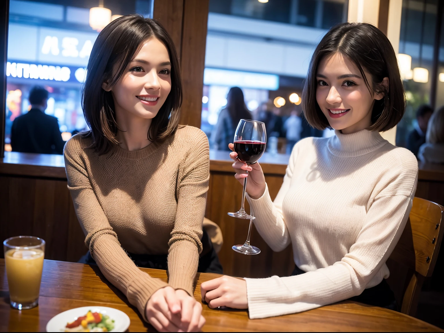 (64k uhd、nffsw、top-quality、masterpiece:1.2)、(realisitic、Photorealsitic:1.37)、ultra-detailliert、wine glasses、enjoying a glass of wine、a matural female、Two beautiful women、(Slim Faces)、(Slim body)、(brawn hair)、(short-cut)、smiling french woman、happy italian girl、British woman、Americana、blush a little on the cheeks、(38 years)、42 year old、red wine、A beautiful and detailed night view spreads out outside the window...、resturant、Wine glasses in a prominent place、natta、(from waist up)、sitting on、date、(A smile:1.15)、Beautiful detailed eyes、Cashmere sweater、long-sleeved dresses、japanes、(short-hair:1.2)、Float NovaFrogStyle、、modeled、from waist up、white wine、Slimed、wine glasses、Super beautiful night view、Put the wine glass in the middle、Happy smile、(8K、Raw photography、top-quality、masterpiece:1.2)、(realisitic、Photorealsitic:1.37)、ultra-detailliert、超A high resolution、2 females、see the beholder、beautifull detailed face、A smile、Constriction、(Slim waist) :1.3)、knit shirt、Beautiful detailed skin、Skin Texture、floated hair、professional light needle breast、eyes gentle