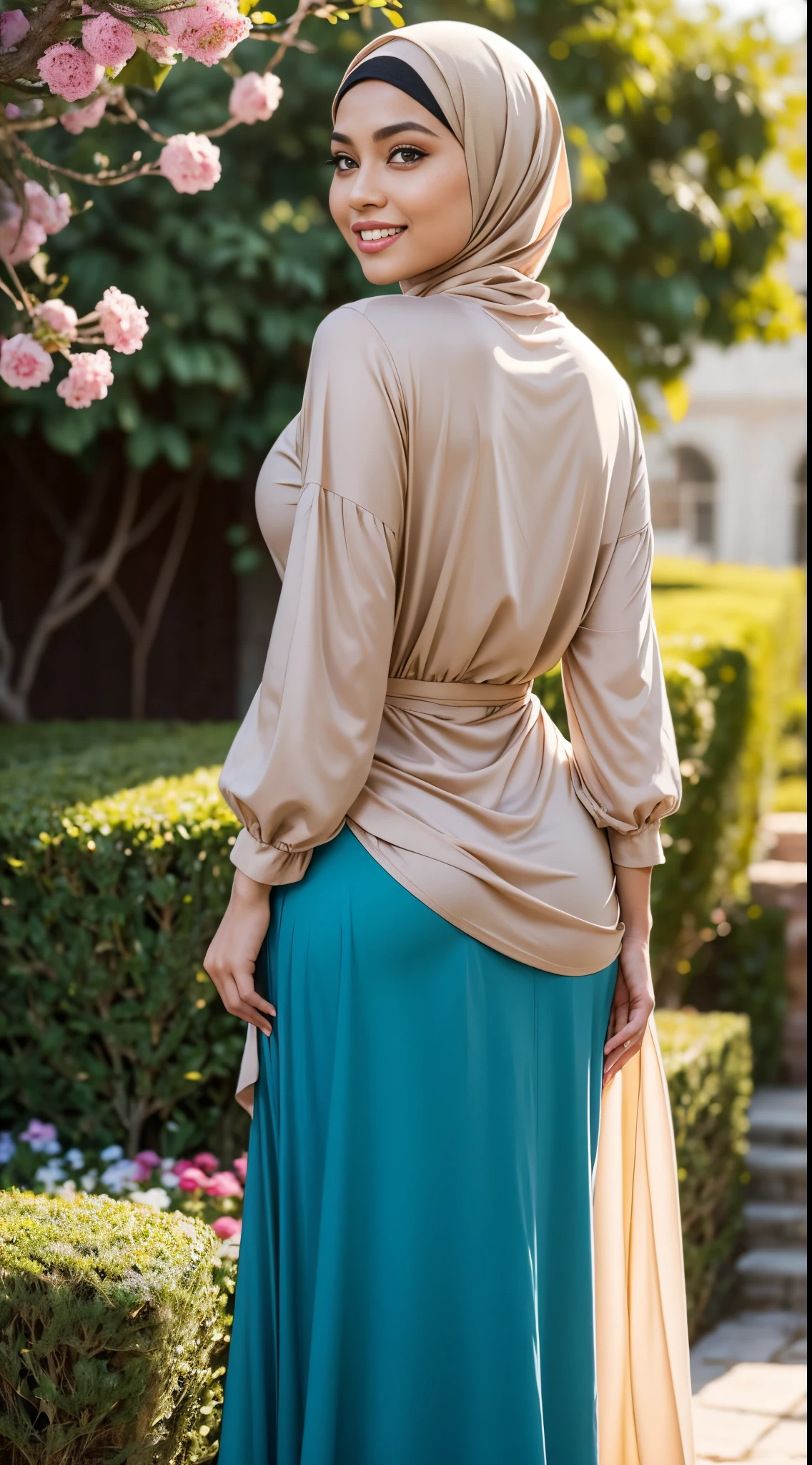 RAW, Best quality, high resolution, work: 1.3, beautiful Malay woman in hijab, beautiful big eyes, smiling, beautiful face, shiny lips, soft smile, medium portrait, watery eyes, huge breasts, woman in skirt and beige blouse, long skirt dress, posing seductively and sexy in front of the camera with a background behind garden flower(bokeh) , flowing dress, sophisticated dress, with teal clothes, multi-layered clothes, fully covered dress, brown dress, graceful dress, wearing an elegant dress, women's long dress, she wearing a skirt and beige blouse, long skirt ,beautifull buttocks, beautifull ass, big round buttocks, from behind, (looking at the audience, looking back, facial details, double eyelids, smiling),