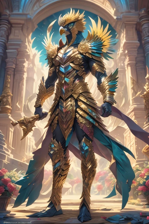 Golden hawk in full golden armor, his wings spread, haw head, long beak, golden feathers, piercing blue eyes, shiny, shine