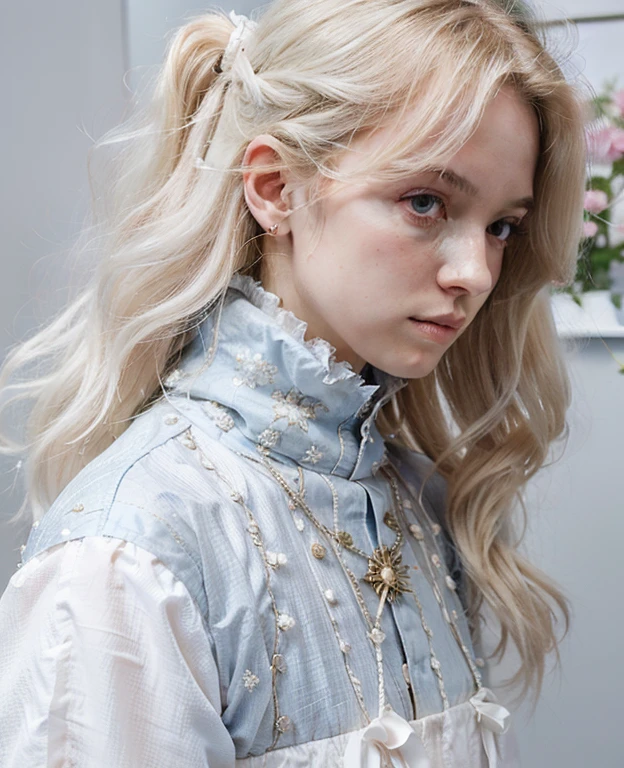 hay un gato blanco sentado al lado de una mujer de pelo largo, beautiful androgynous prince, Cabello largo blanco detallado, delicate androgynous prince, con el pelo largo y blanco, pale porcelain white skin, porcelain pale skin, con pelo largo blanco, Guweiz, Hermosa pintura de personajes, por Ni Tian, Obra maestra de Guweiz, Cabello blanco en las nubes