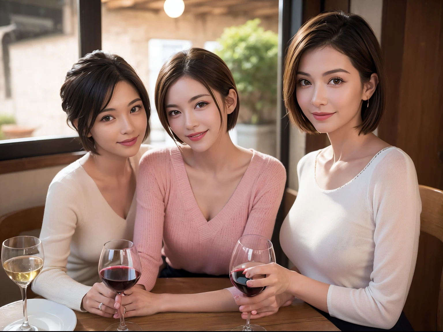 (64k uhd、nffsw、top-quality、masterpiece:1.2)、(realisitic、Photorealsitic:1.37)、ultra-detailliert、wine glasses、enjoying a glass of wine、a matural female、Two beautiful women、(Slim Faces)、(Slim body)、(brawn hair)、(short-cut)、Latino、smiling french woman、happy italian girl、British woman、Americana、blush a little on the cheeks、(38 years)、42 year old、red wine、A beautiful and detailed night view spreads out outside the window.....、resturant、Wine glasses in a prominent place、natta、(from waist up)、sitting on、date、(A smile:1.15)、Beautiful detailed eyes、Cashmere sweater、long-sleeved dresses、japanes、(short-hair:1.2)、Float NovaFrogStyle、、modeled、from waist up、white wine、Slimed、wine glasses、Super beautiful night view、Put the wine glass in the middle、Happy smile、(8K、Raw photography、top-quality、masterpiece:1.2)、(realisitic、Photorealsitic:1.37)、ultra-detailliert、超A high resolution、2 females、see the beholder、beautifull detailed face、A smile、Constriction、(Slim waist) :1.3)、knit shirt、Beautiful detailed skin、Skin Texture、floated hair、professional light needle breast、eyes gentle