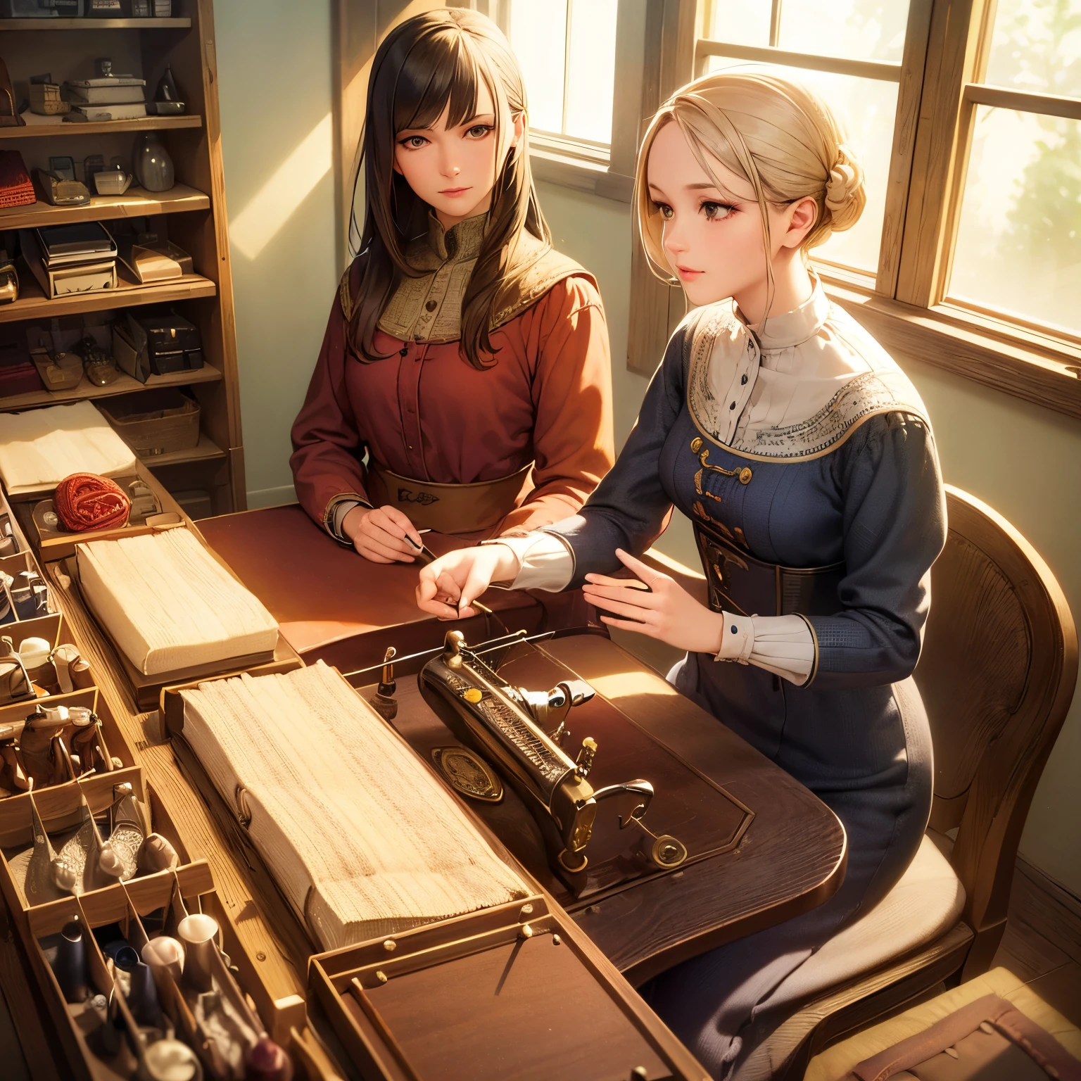 (best quality,4k,8k,highres,masterpiece:1.2),ultra-detailed,(realistic,photorealistic,photo-realistic:1.37), HDR, UHD, studio lighting, ultra-fine painting, sharp focus, physically-based rendering, extreme detail description, professional, vivid colors, bokeh, girl, detailed eyes, detailed lips, extremely detailed eyes and face, long eyelashes, tailor's shop, beautiful fabrics, antique sewing machine, colorful threads, embroidered patterns, measuring tape, fine craftsmanship, sewing tools, vintage patterns, nostalgic atmosphere, wooden shelves, mannequins, pins and needles, cozy and well-lit space, warm sunlight, soft shadows, serene expression, traditional dressmaking, elegant pose, peaceful ambiance.