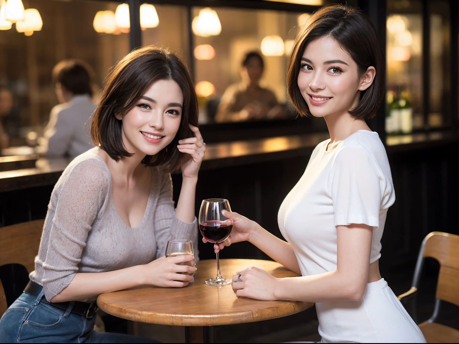 (64k uhd、nffsw、top-quality、masterpiece:1.2)、(realisitic、Photorealsitic:1.37)、ultra-detailliert、wine glasses、enjoying a glass of wine、a matural female、Two beautiful women、(Slim Faces)、(Slim body)、(brawn hair)、(short-cut)、Latino、smiling french woman、happy italian girl、British woman、Americana、blush a little on the cheeks、(38 years)、42 year old、red wine、A beautiful and detailed night view spreads out outside the window.....、resturant、Wine glasses in a prominent place、natta、(from waist up)、sitting on、date、(A smile:1.15)、Beautiful detailed eyes、Cashmere sweater、long-sleeved dresses、japanes、(short-hair:1.2)、Float NovaFrogStyle、、modeled、from waist up、white wine、Slimed、wine glasses、Super beautiful night view、Put the wine glass in the middle、Happy smile、(8K、Raw photography、top-quality、masterpiece:1.2)、(realisitic、Photorealsitic:1.37)、ultra-detailliert、超A high resolution、2 females、see the beholder、beautifull detailed face、A smile、Constriction、(Slim waist) :1.3)、knit shirt、Beautiful detailed skin、Skin Texture、floated hair、professional light needle breast、eyes gentle