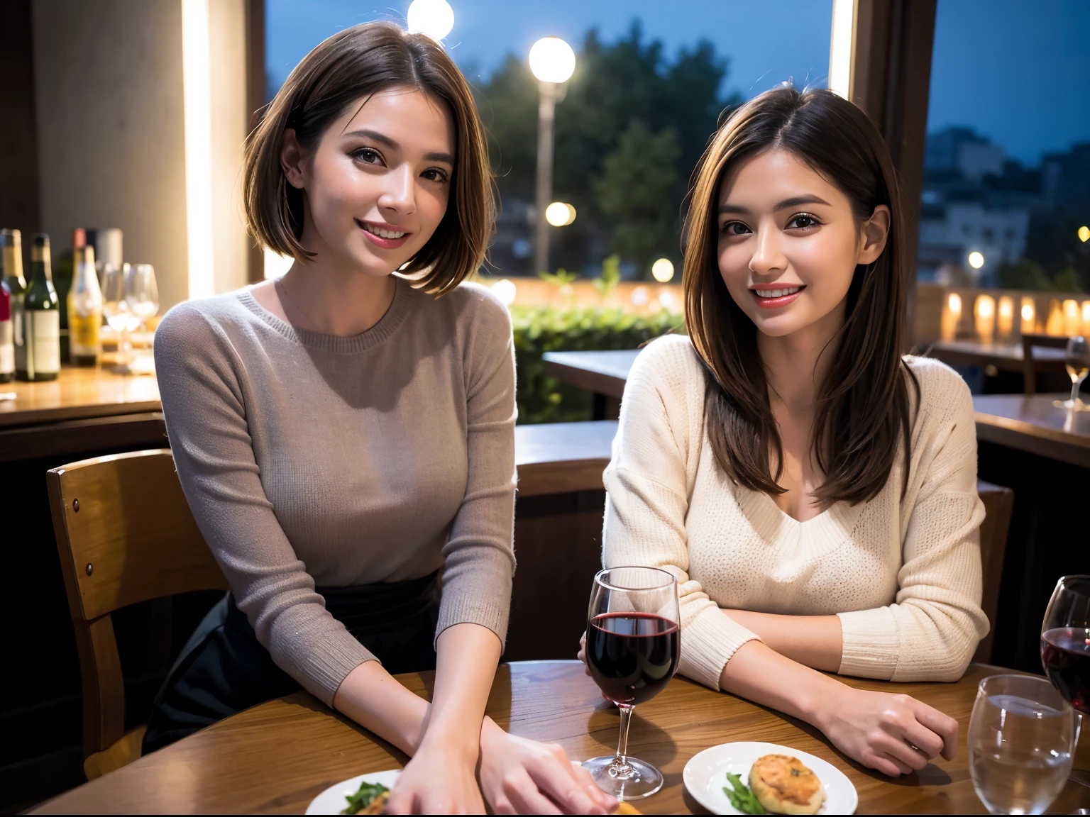 (64k uhd、nffsw、top-quality、​masterpiece:1.2)、(realisitic、Photorealsitic:1.37)、ultra-detailliert、ssmile、happy、party、lucky、wine glasses、enjoying a glass of wine、a matural female、Two beautiful women、(Slim Faces)、(Slim body)、（brawn hair）、(short-cut)、Latino、smiling french woman、happy italian girl、British woman、Americana、blush a little on the cheeks、(38 years)、42 year old、red wine、A beautiful and detailed night view spreads out outside the window......、resturant、Wine glasses in a prominent place、natta、(from waist up)、sitting on、date、(A smile:1.15)、Beautiful detailed eyes、Cashmere sweater、long-sleeved dresses、japanes、(short-hair:1.2)、Float NovaFrogStyle、、modeled、from waist up、white wine、Slimed、wine glasses、Super beautiful night view、Put the wine glass in the middle、Happy smile、(8K、Raw photography、top-quality、​masterpiece:1.2)、(realisitic、Photorealsitic:1.37)、ultra-detailliert、超A high resolution、2 females、see the beholder、beautifull detailed face、A smile、Constriction、(Slim waist) :1.3)、knit shirt、Beautiful detailed skin、Skin Texture、floated hair、professional light needle breast、eyes gentle