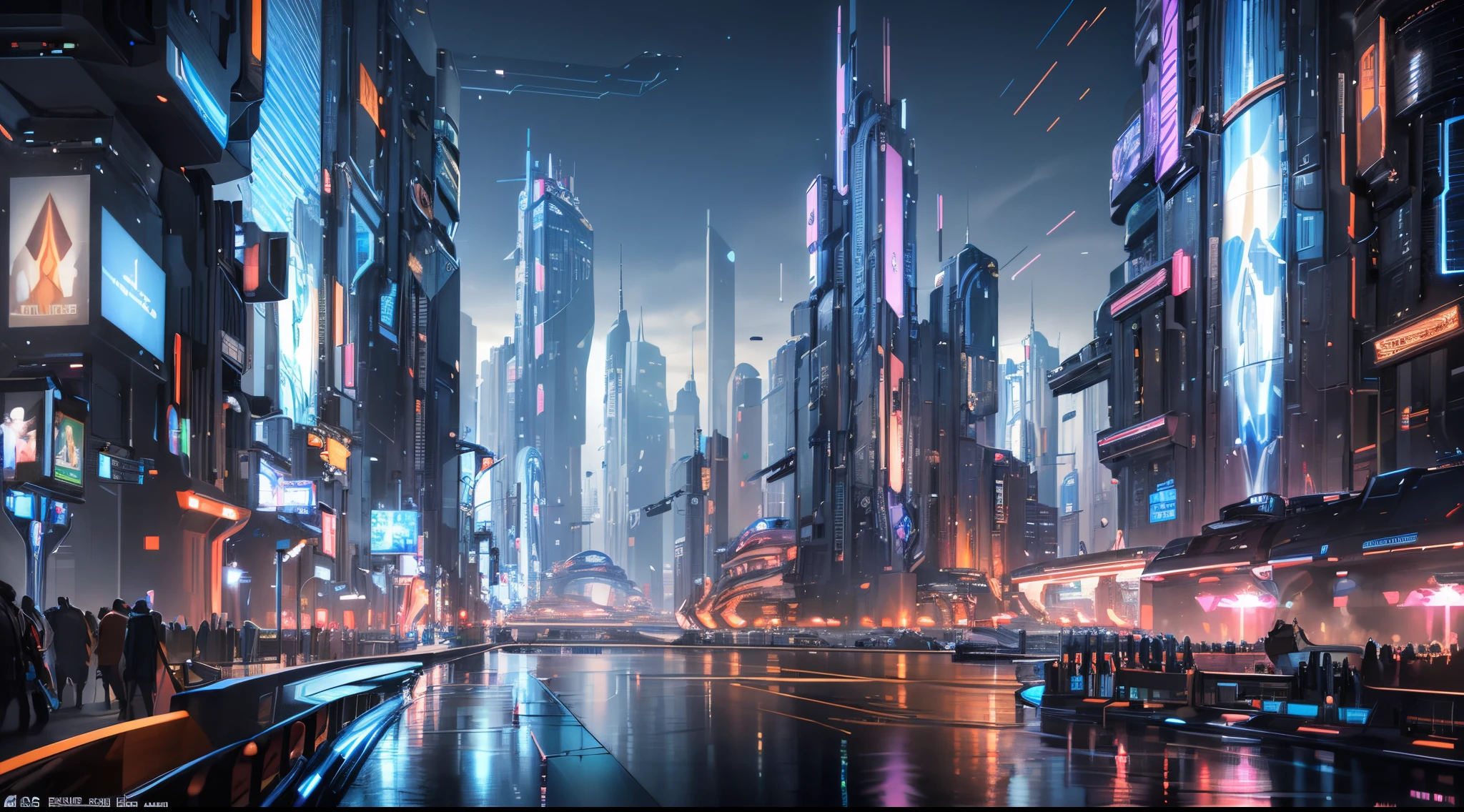 PERFECT MASTERPIECE, EXTREMELY DETAILED CG UNITY 32K UHD QUALITY RESOLUTION, RAW PHOTO, AWARD-WINNING PORTRAIT, PHOTOREALISTIC, OFFICIAL ART, PROFESSIONAL CINEMATIC LIGHTING, PHOTOGENIC CLARITY, The most dazzling and highly detailed hyper futuristic amusement park, futuristic roller-coasters, futuristic amusement park rides, holographic glowing LED lighting and signs
