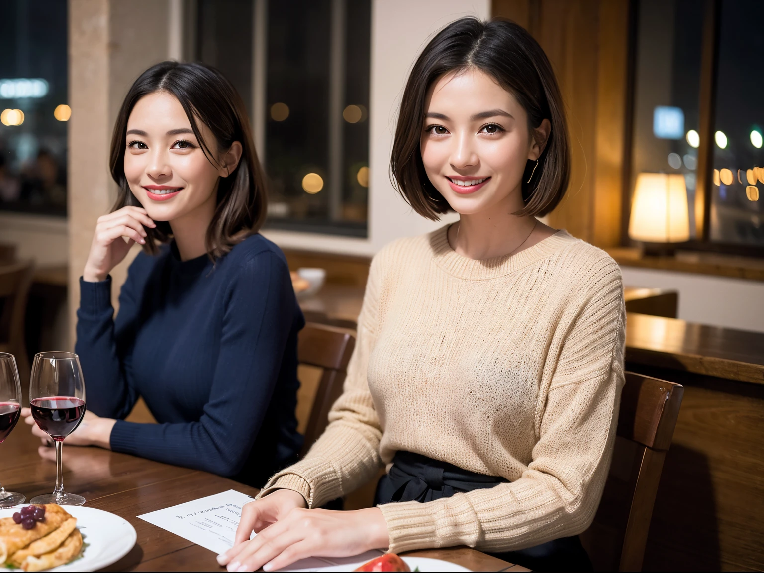 (64k uhd、nffsw、top-quality、masterpiece:1.2)、(realisitic、Photorealsitic:1.37)、ultra-detailliert、ssmile、happy、party、lucky、wine glasses、enjoying a glass of wine、a matural female、Two beautiful women、(Slim Faces)、(Slim body)、(brawn hair)、(short-cut)、Latino、smiling french woman、happy italian girl、British woman、Americana、blush a little on the cheeks、(38 years)、42 year old、red wine、A beautiful and detailed night view spreads out outside the window......、resturant、Wine glasses in a prominent place、natta、(from waist up)、sitting on、date、(A smile:1.15)、Beautiful detailed eyes、Cashmere sweater、long-sleeved dresses、japanes、(short-hair:1.2)、Float NovaFrogStyle、、modeled、from waist up、white wine、Slimed、wine glasses、Super beautiful night view、Put the wine glass in the middle、Happy smile、(8K、Raw photography、top-quality、masterpiece:1.2)、(realisitic、Photorealsitic:1.37)、ultra-detailliert、超A high resolution、2 females、see the beholder、beautifull detailed face、A smile、Constriction、(Slim waist) :1.3)、knit shirt、Beautiful detailed skin、Skin Texture、floated hair、professional light needle breast、eyes gentle