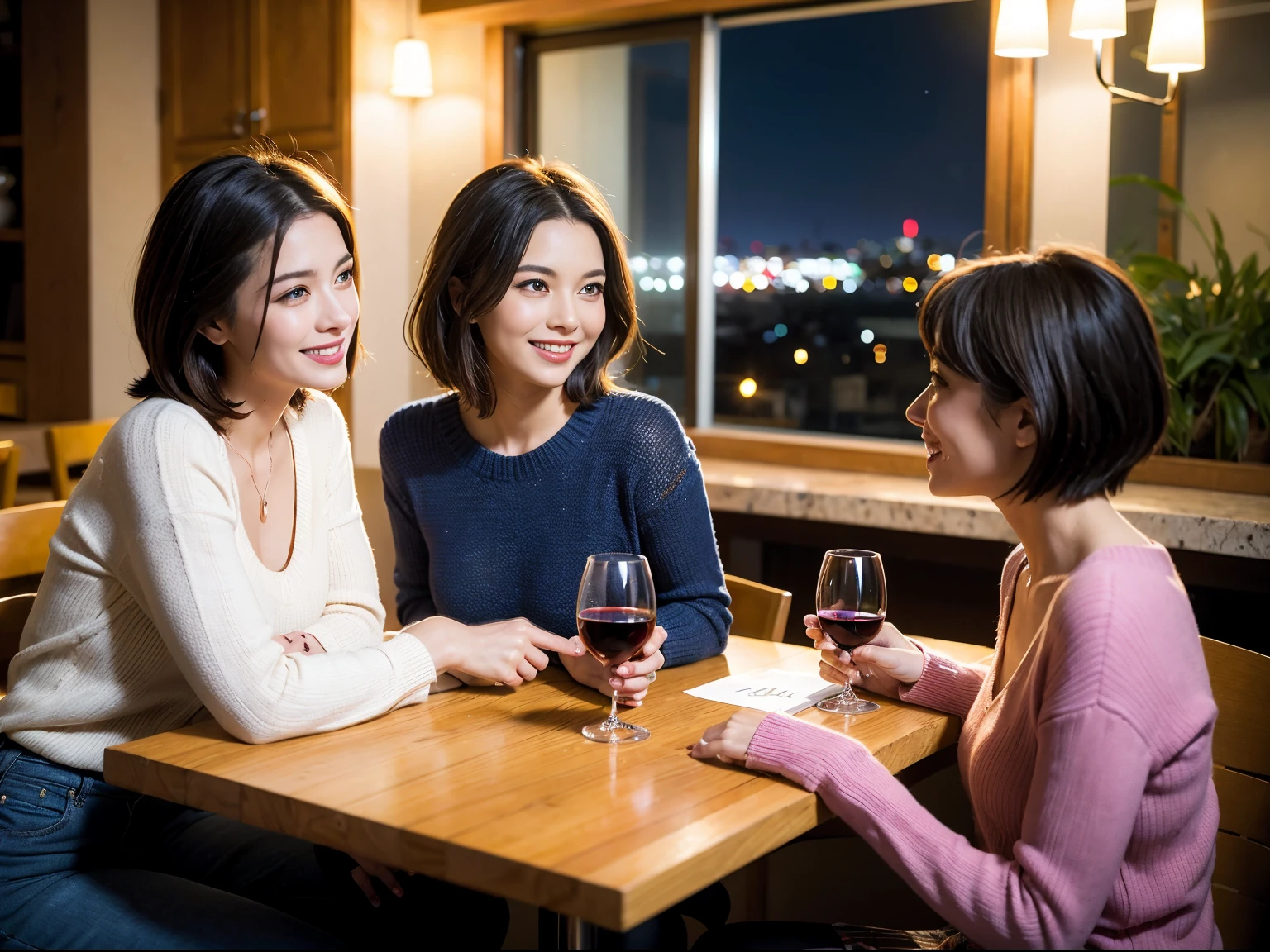 (64k uhd、nffsw、top-quality、masterpiece:1.2)、(realisitic、Photorealsitic:1.37)、ultra-detailliert、ssmile、happy、party、lucky、wine glasses、enjoying a glass of wine、a matural female、Two beautiful women、(Slim Faces)、(Slim body)、(brawn hair)、(short-cut)、Latino、smiling french woman、happy italian girl、British woman、Americana、blush a little on the cheeks、(38 years)、42 year old、red wine、A beautiful and detailed night view spreads out outside the window......、resturant、Wine glasses in a prominent place、natta、(from waist up)、sitting on、date、(A smile:1.15)、Beautiful detailed eyes、Cashmere sweater、long-sleeved dresses、japanes、(short-hair:1.2)、Float NovaFrogStyle、、modeled、from waist up、white wine、Slimed、wine glasses、Super beautiful night view、Put the wine glass in the middle、Happy smile、(8K、Raw photography、top-quality、masterpiece:1.2)、(realisitic、Photorealsitic:1.37)、ultra-detailliert、超A high resolution、2 females、see the beholder、beautifull detailed face、A smile、Constriction、(Slim waist) :1.3)、knit shirt、Beautiful detailed skin、Skin Texture、floated hair、professional light needle breast、eyes gentle