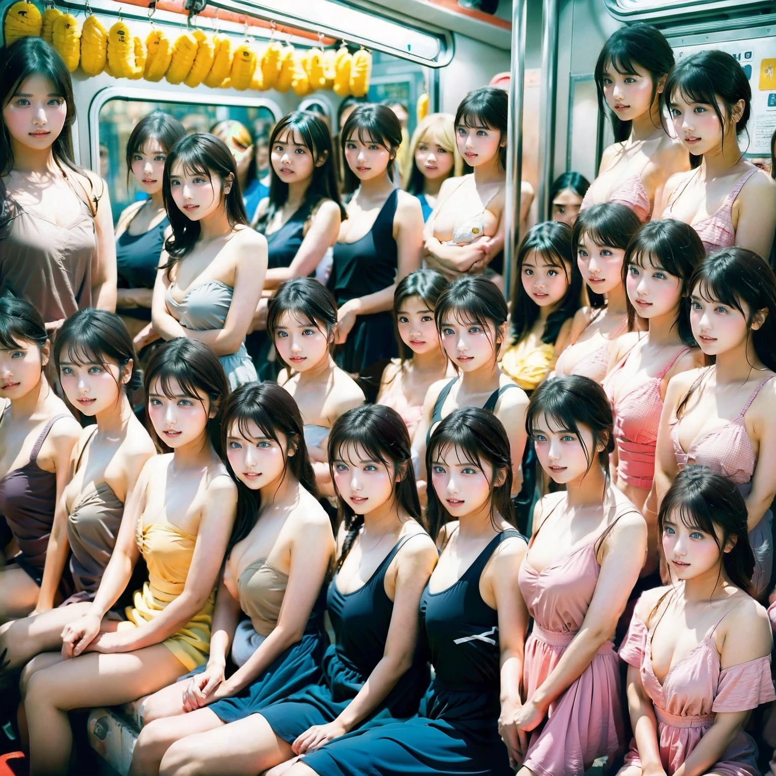 Raw photo、(((multiple girls))),((((6+girls)))),((((1000girls)))),(((10000girls)))、(((crowd shot))),((a baby face)),(((Adhesion)))、((Crammed))、((Packed))、elementary student、(Inside the crowded train)、(((is standing)))、((Everyone is standing)),(((6 years old)))、Women only、japanes、((Same height))、The same face、((A dark-haired)),Longhaire、((1000 cute women standing close together on the train))、(((Large group)))、((chiquita))、sweating、A crowded train full of ***********s