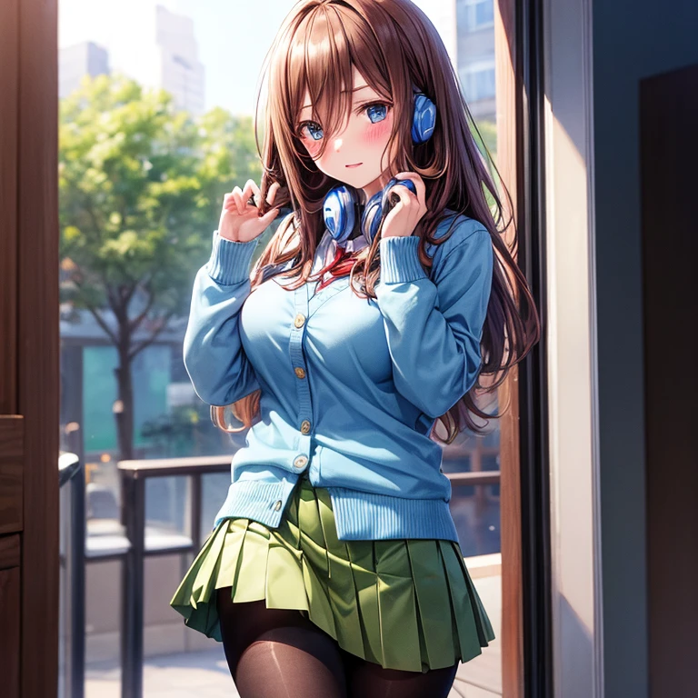 Brown-haired schoolgirl、Green skirt、light blue cardigan、Semi-long hair、Blue headphones、Black pantyhose、Brown loafers、red blush