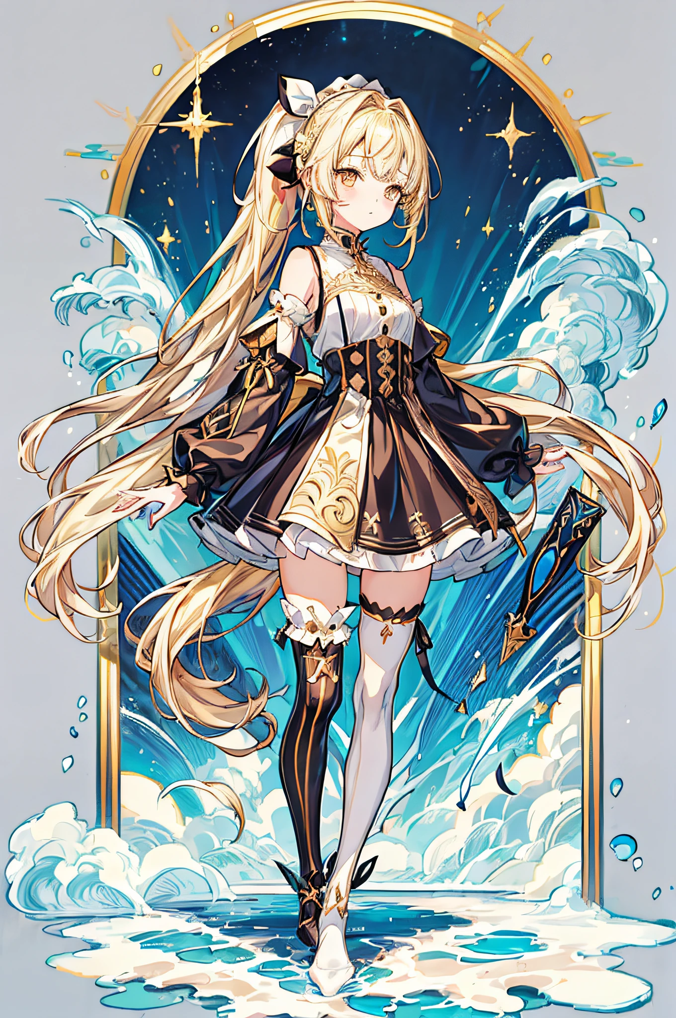 1girl in, Cute Girl, Finely detailed, (Best Quality), (Intricate details), cute-style, Lori, Multicolored, ((long blonde hair in a long ponytail)), Best Quality, ((short puffy long sleeve dress)), ((Black Dress)), ((white thigh high socks)), ((Round eyes)), Beautiful face, Cute face, pinup, Perfect face, Simple background,Full body,