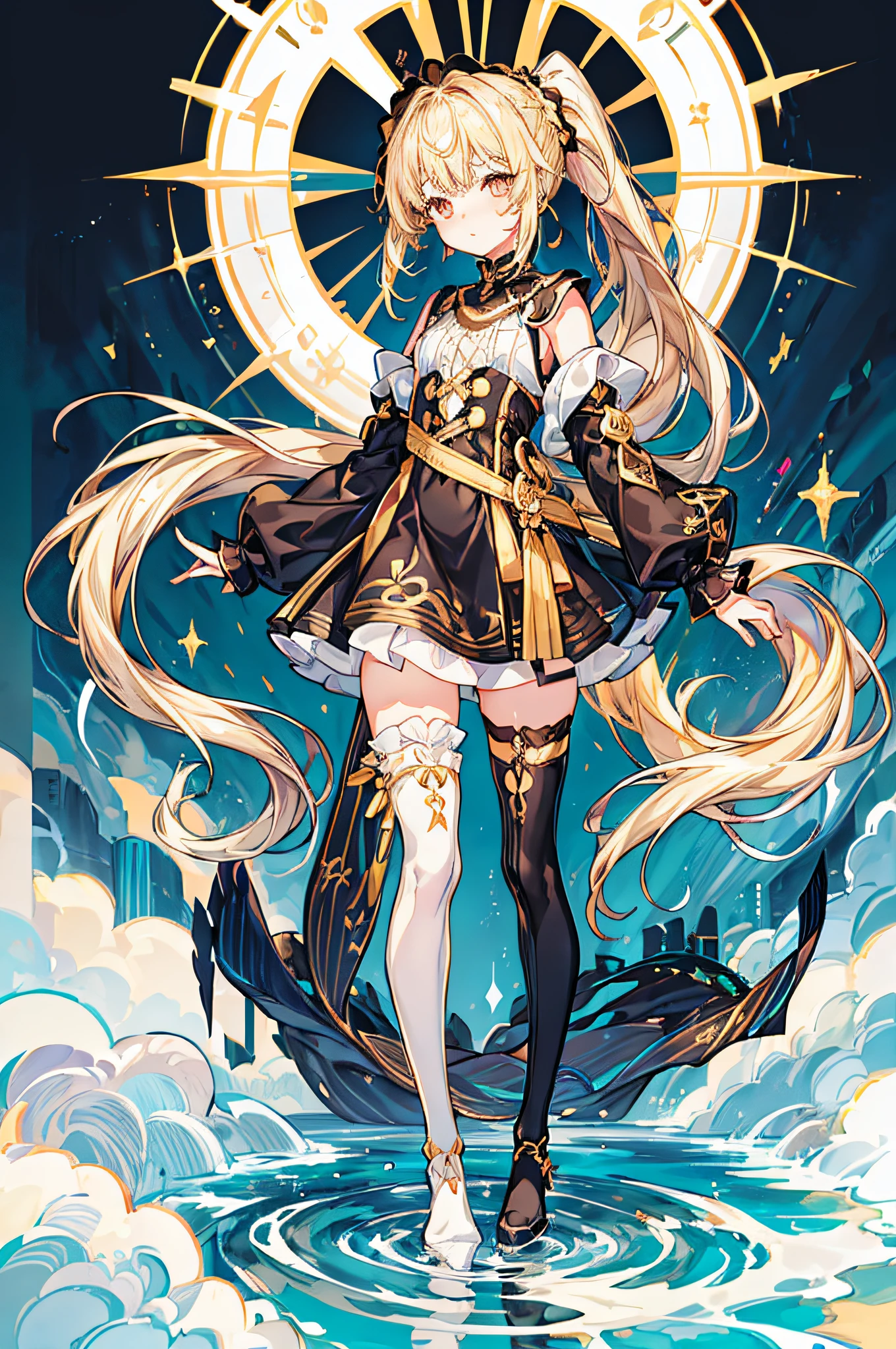1girl in, Cute Girl, Finely detailed, (Best Quality), (Intricate details), cute-style, Lori, Multicolored, ((long blonde hair in a long ponytail)), Best Quality, ((short puffy long sleeve dress)), ((Black Dress)), ((white thigh high socks)), ((Round eyes)), Beautiful face, Cute face, pinup, Perfect face, Simple background,Full body,