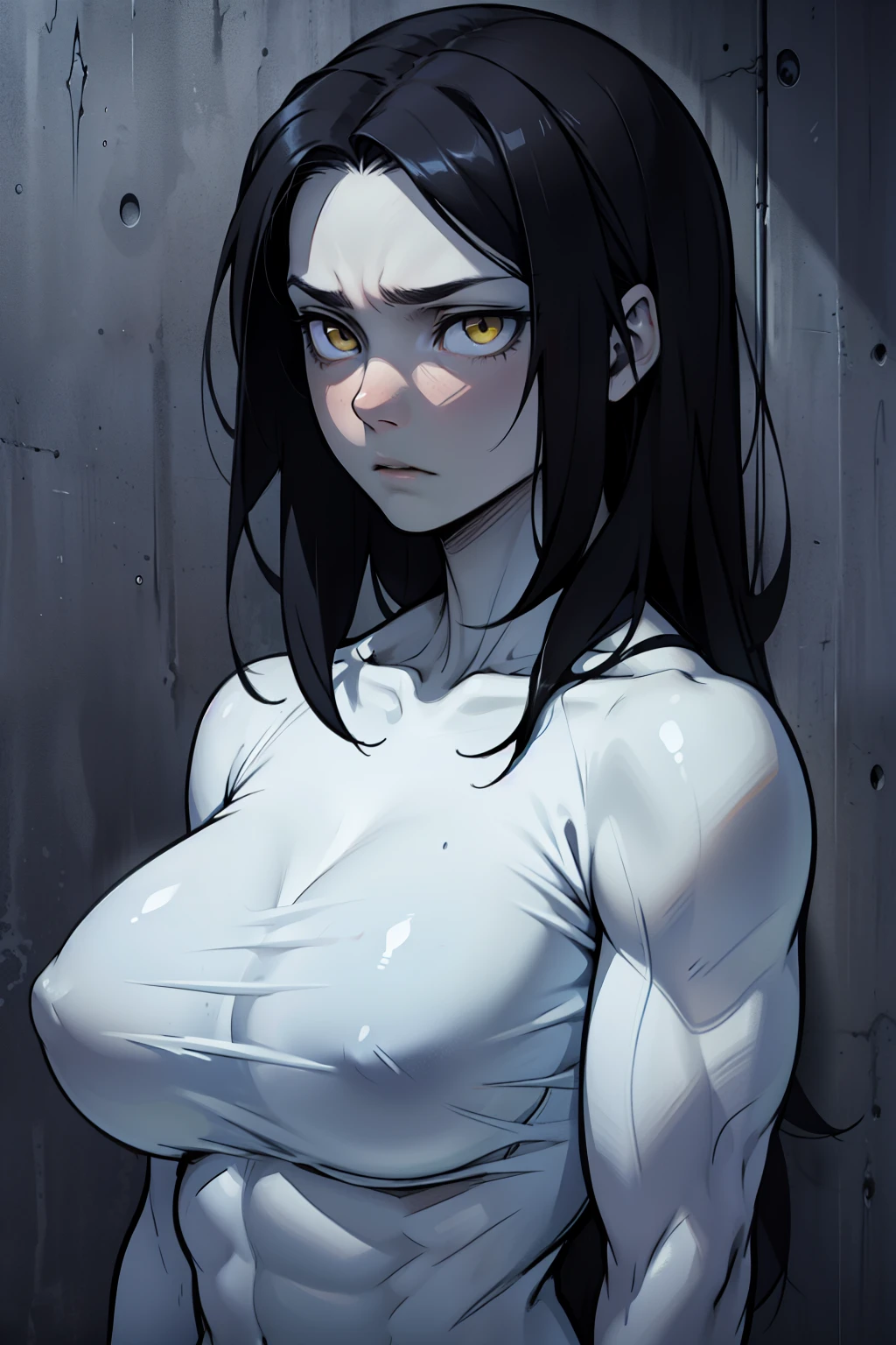 (1 girl muscular) black hair yellow eyes huge breasts pale skin expressionless expressionless sad sad expressionless expressionless sad sad expressionless expressionless sad sad expressionless expressionless sad sad