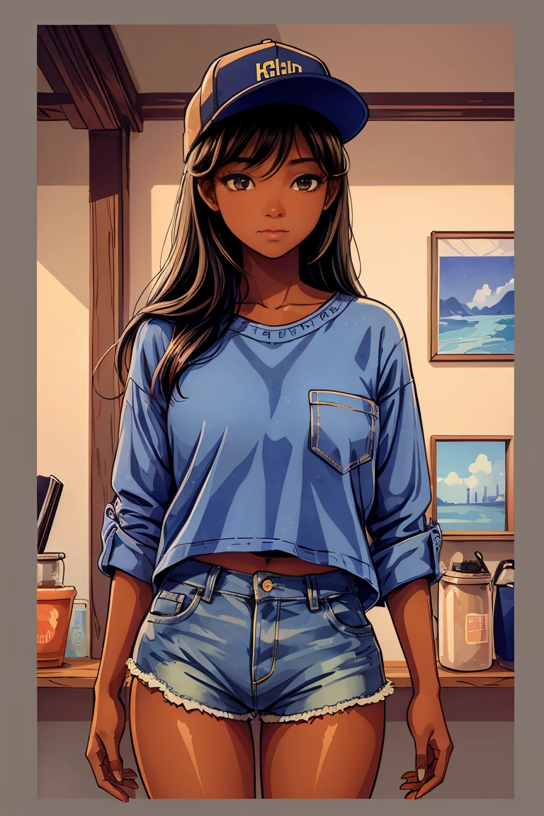 Dark skin pretty young woman in an oversized fitted shirt and blue jean shorts, shy, holding one labeled cup, insanely detailed, 4K, 2D illustration, clearly detailed luminous brown eyes