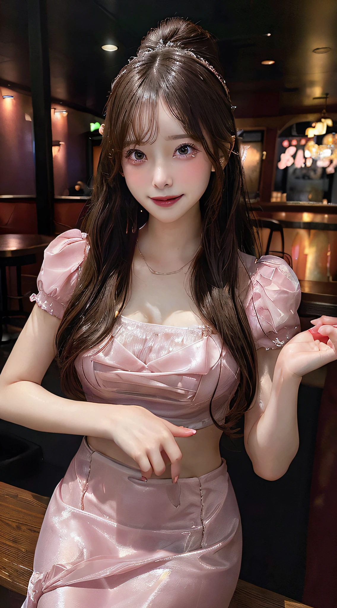 ((Realistic lighting、top-quality、2 k、​masterpiece:1.Portrait of a woman in a pink dress with tears on her head, Focus:1.2、Perfect figure:1.4、Slim abs:1.1、(Inside the bar、Night:1.1)、(Super fine face、A smile)、big eye、24