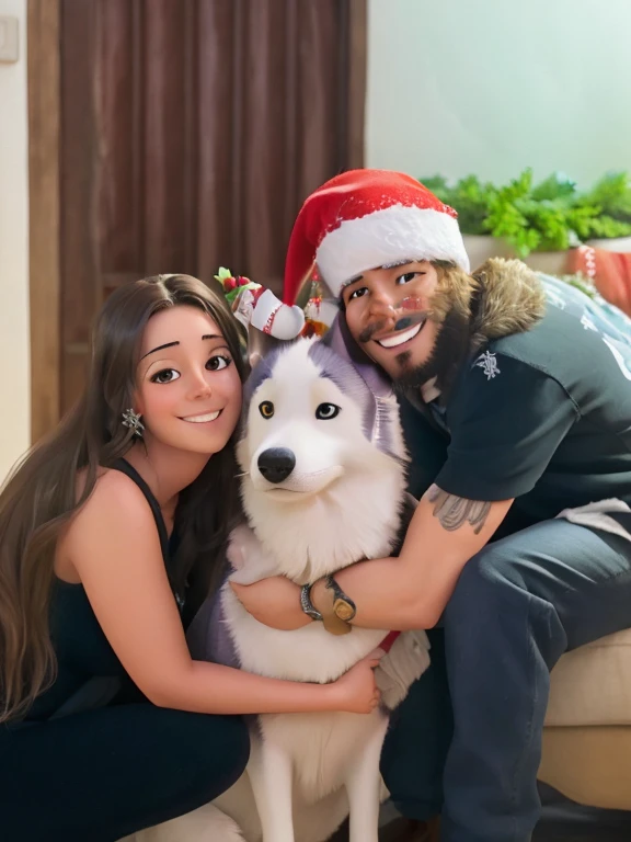 Pareja feliz con un husky en navidad