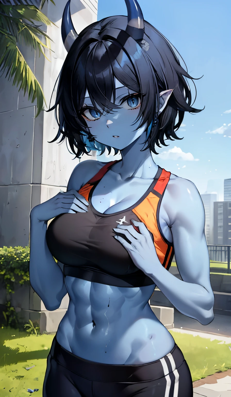 (masterpiece,best quality,ultra-detailed),1girl,black hair,short hair, messy hair,yoga pants, sports bra,(sportswear),(Seductive),oni horns,(((colored skin,blue skin))),strong abs, in a park,hands below