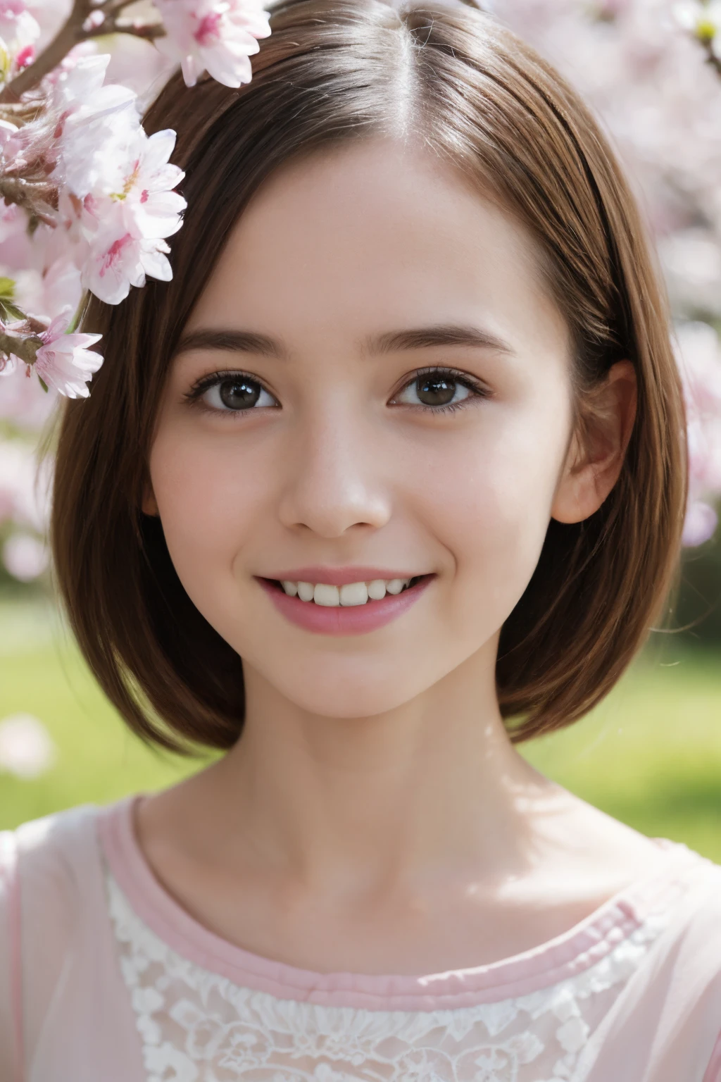 Masterpiece, Best quality, 8k, 18 ans, Photo brute, absurdes, Award-winning portrait, sourire, sourire, pure, french, pink dress, spring, petite, orchard in bloom, German