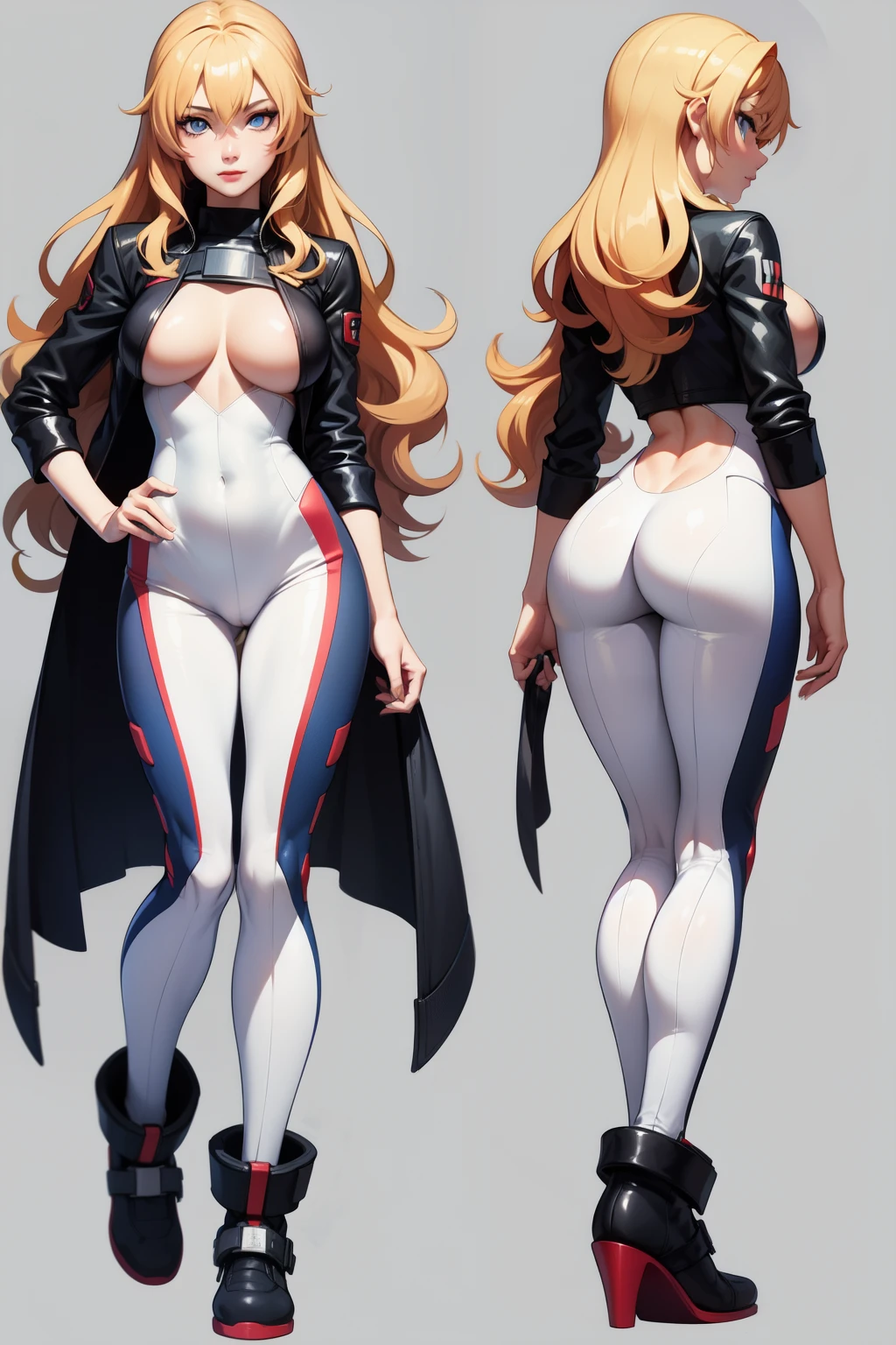 (masterpiece), (best quality), 1 girl, long wavy yellow hair, blue  eyes, wearing a cyber white suit with leather details, medium boobs, dramatical pose, slim body, (transparent background), ass first view, (touching the ass), (charming), full body pose