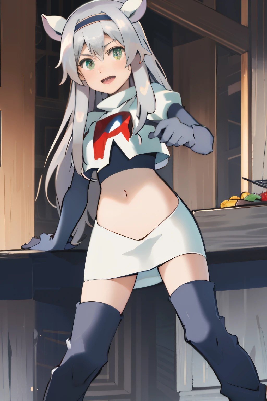 best quality, (masterpiece:1.2), detailed, medieval,
Sistine Fibel,
1girl, solo, open mouth, light smile, blush,
long hair, grey hair, green eyes, blue hairband, animal ears,
team rocket,team rocket uniform,white skirt,crop top,red letter R,black thigh-high boots,black elbow gloves,