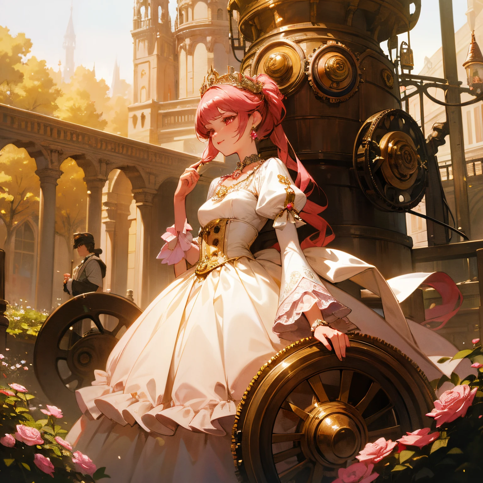 best quality,highres:1.2),ultra-detailed,realistic,anime style,portrait,full-length,pretty 15 years old princess,beautiful detailed eyes,cute happy expression,long red pigtails hair,pink eyes,small breast,makeup and lipstick,steampunk,golden gears and machinery details,red and white ball gown with puffy sleeves,lace trim and ruffles,elaborate embroidery,delicate lace gloves,pretty tiara adorned with gems,fancy necklace and earrings,princess holding a rose bouquet in her hand,standing in a lush garden with blooming flowers,cobblestone pathway,steampunk landscape with floating islands and airships,cotton candy-colored clouds,soft golden sunlight illuminating the scene