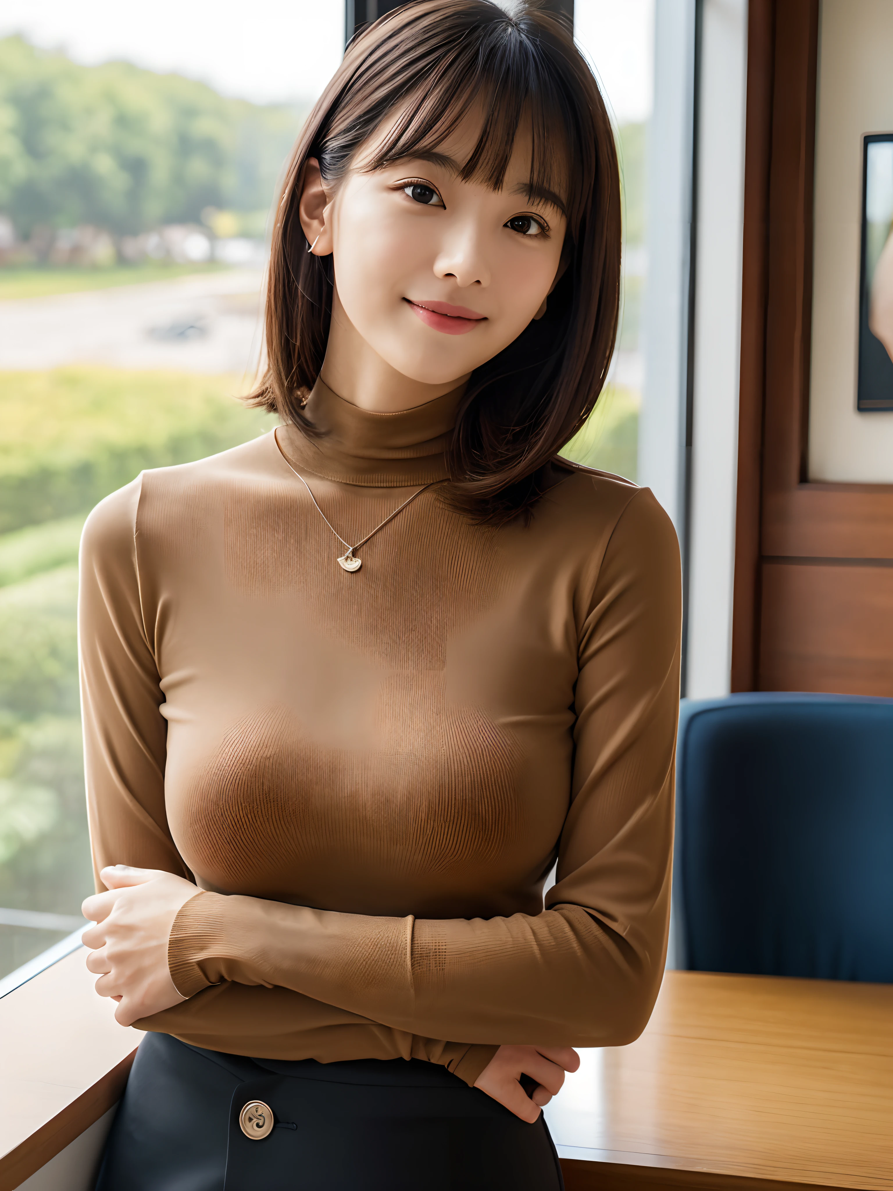 8K、top-quality、masterpiece、超A high resolution、a picture、Beautiful Japan female elegance、There is a good、Transparent atmosphere、sexy lip、oblique bangs、Beautiful face、Very short、short-cut、short-hair、Show your forehead、Putting hair together、Making bangs、smil、chubby lips、natural soft light、1girl in、de pele branca、Look into the distance、Duck mouth、Hanging eyes、Thin thin eyebrows、Brown-eyed、tall、Petite bust、the shape of the breast is clearly visible、pureerosface、cowboy shot、a necklace、wrist watch、24 year old、salmon pink、Pink、ribbed、Black V Neck Stretch Cotton T-Shirt、Tight、long-sleeve、High Stretch、Physically fit、Calm fashion、Tight、looks to the side、sideways Facing、Whip body、skirt by the、long-sleeve、breasts are small、Smile、s Office、Large office、Clean Advanced Office、Leading Company、An office with depth、Lots of big windows、Turn your body towards us、mock neck、arms in arms、Business Person、